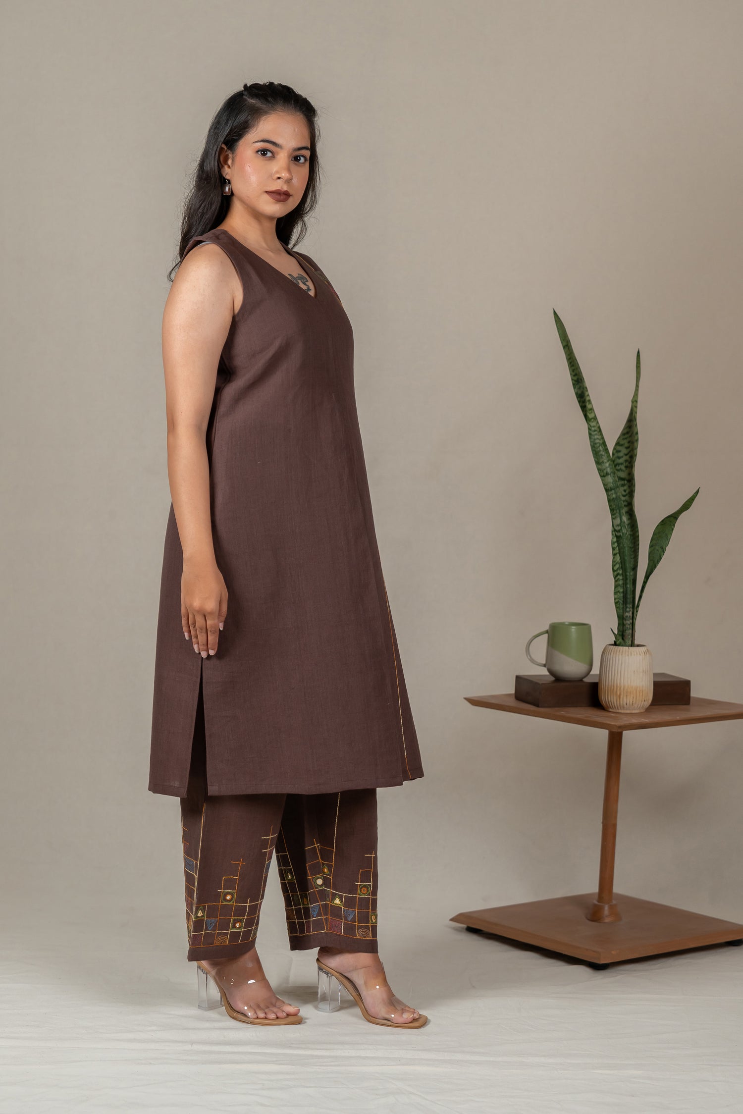 Brown Sleeveless Hand Embroidered Handloom Cotton A-Line Kurta Set with Cotton Pants – Suchi