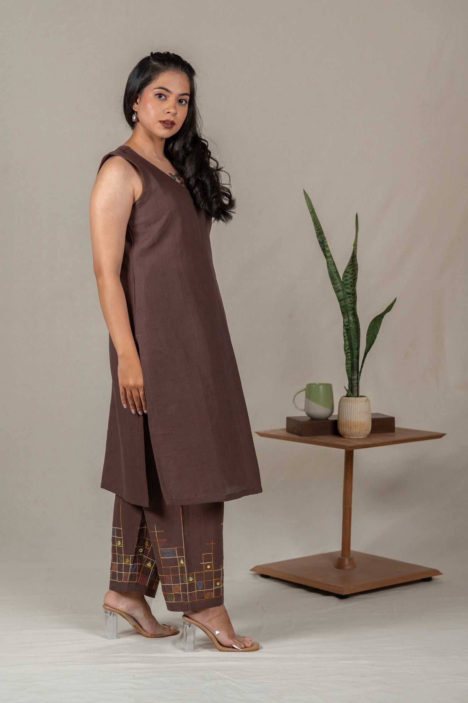Brown Sleeveless Hand Embroidered Handloom Cotton A-Line Kurta Set with Cotton Pants – Suchi