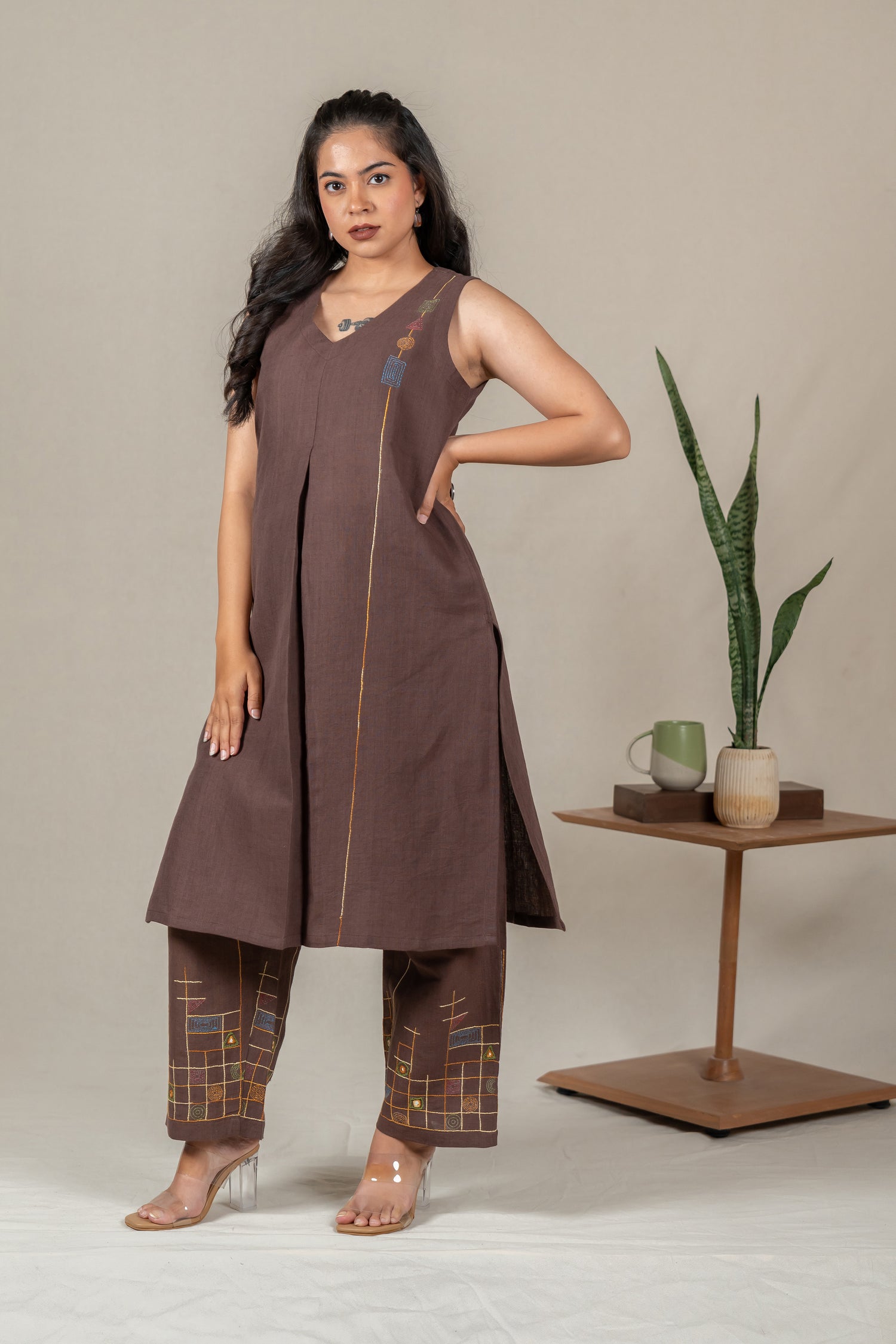 Brown Sleeveless Hand Embroidered Handloom Cotton A-Line Kurta Set with Cotton Pants – Suchi
