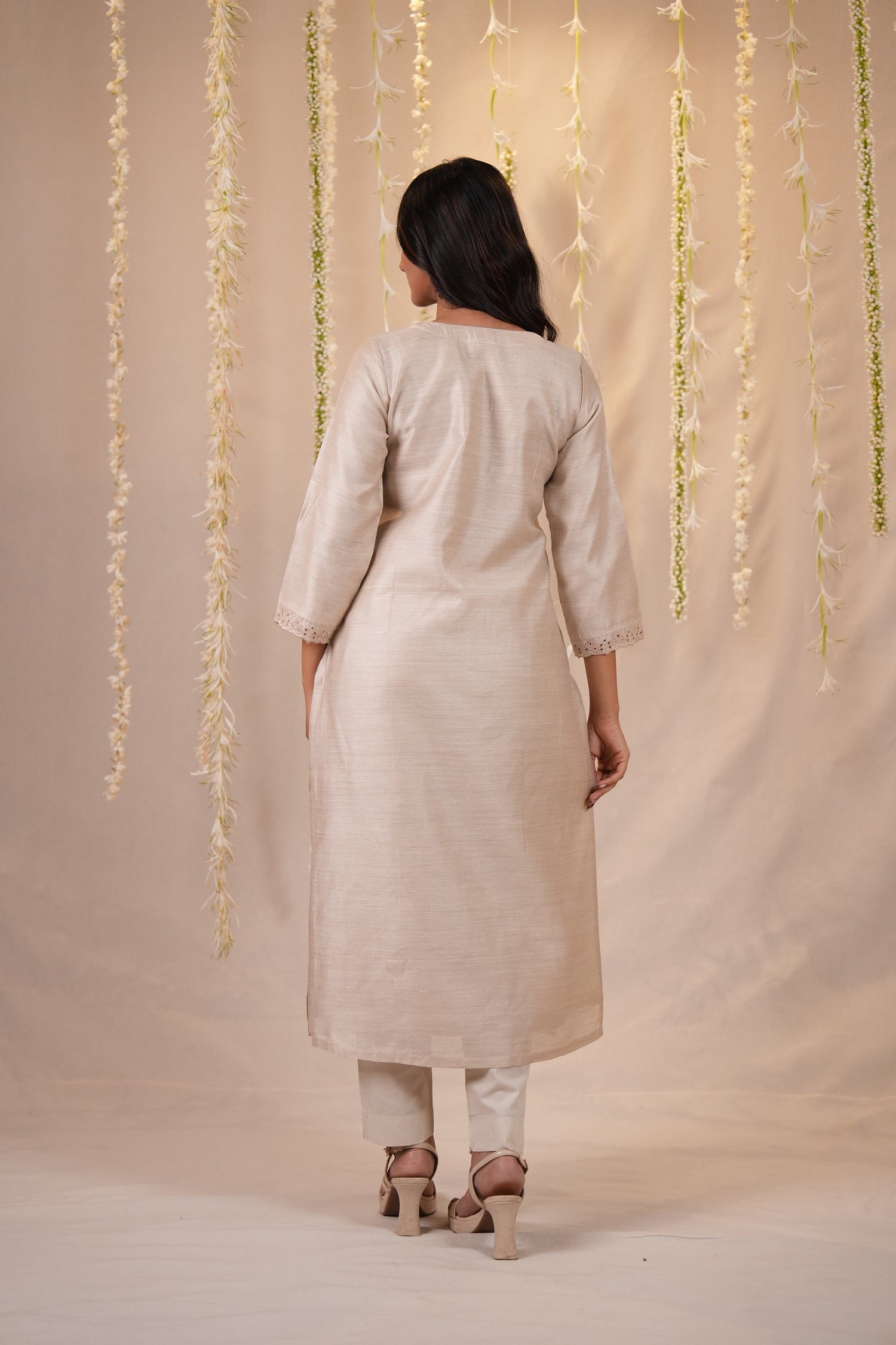 Ek Dor Beige Muga Silk Kurta with Machine Embroidery