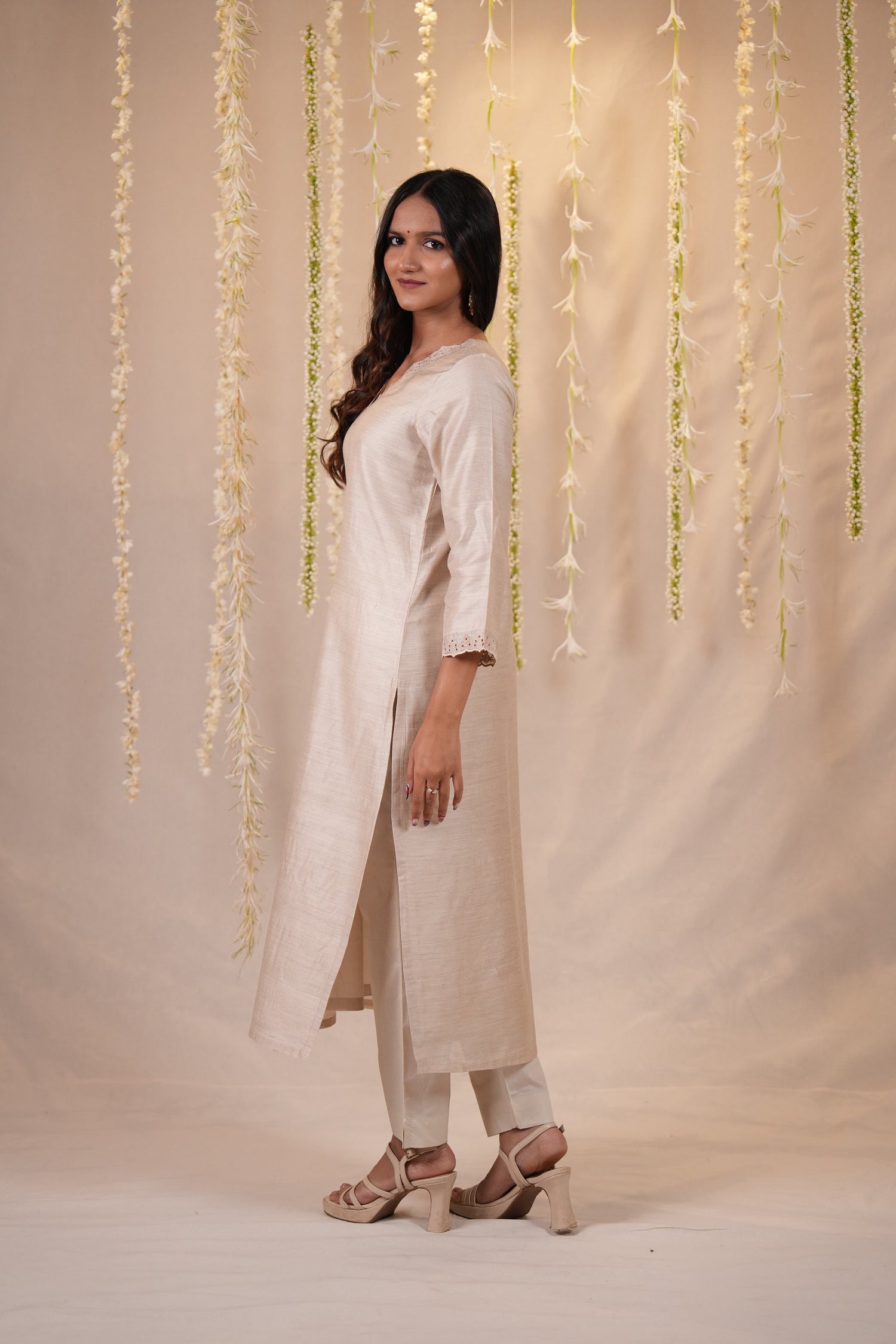 Ek Dor Beige Muga Silk Kurta with Machine Embroidery