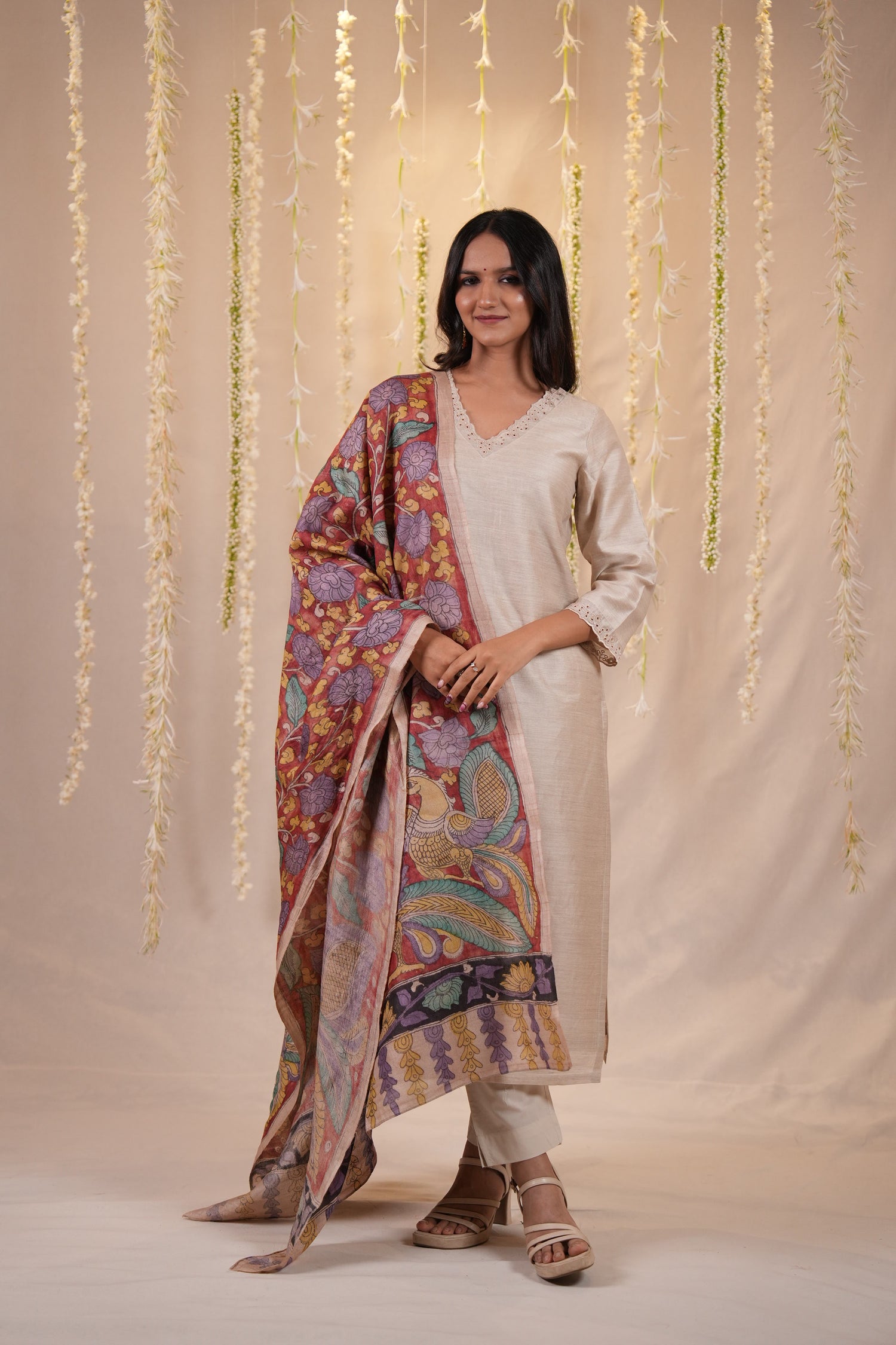 Ek Dor Beige Muga Silk Kurta with Machine Embroidery