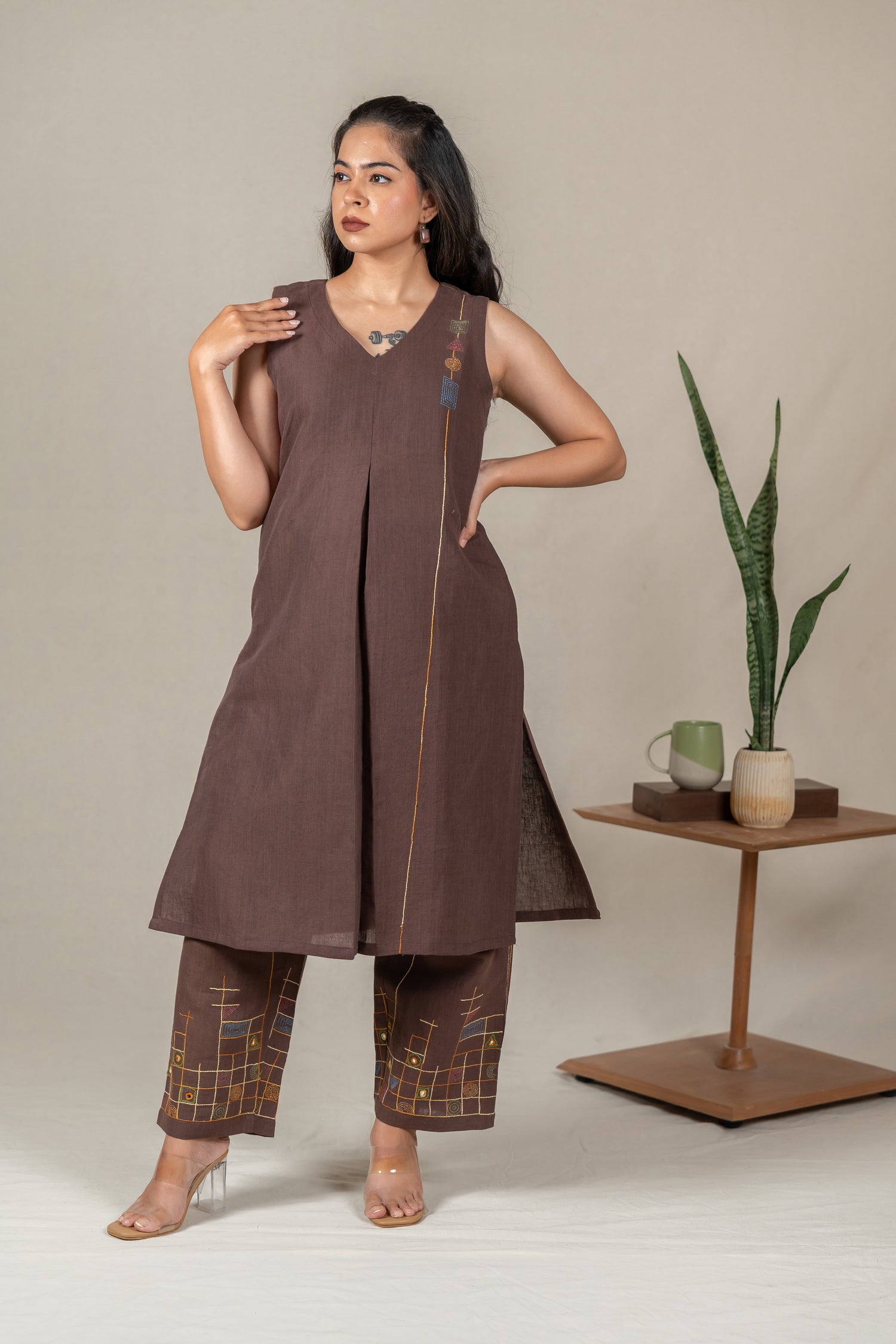 Brown Sleeveless Hand Embroidered Handloom Cotton A-Line Kurta Set with Cotton Pants – Suchi