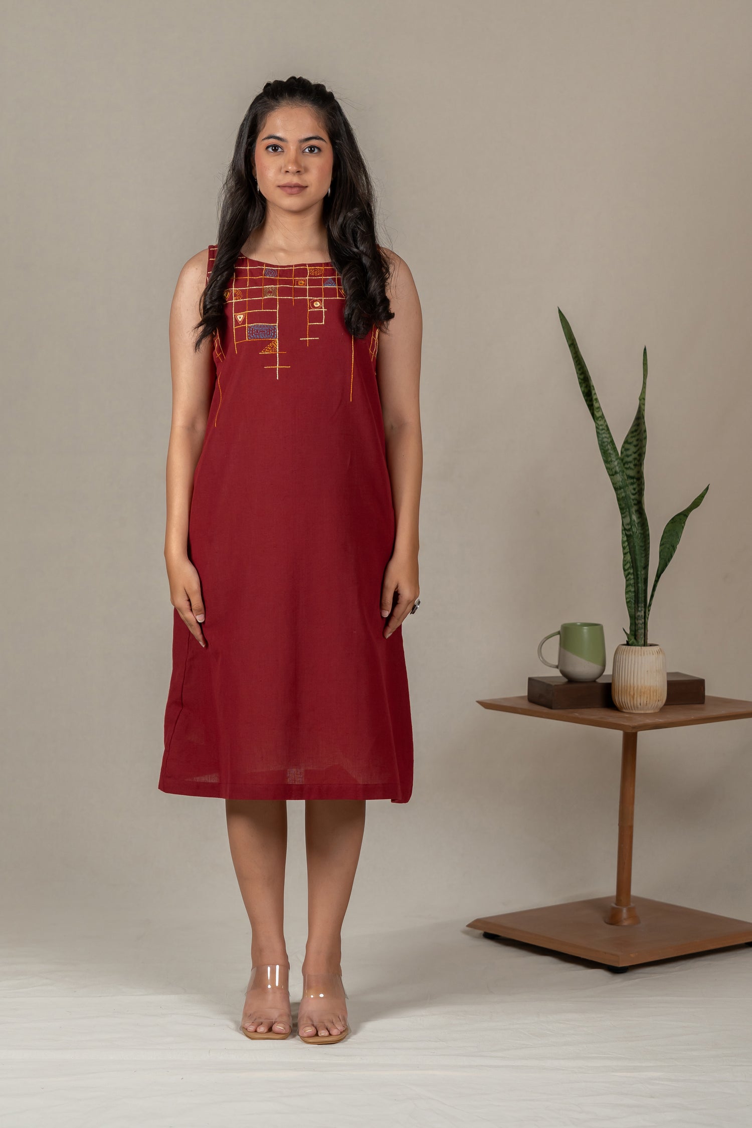 Sleeveless Cotton A-Line Dress with Mirror Work in Maroon – Suchi