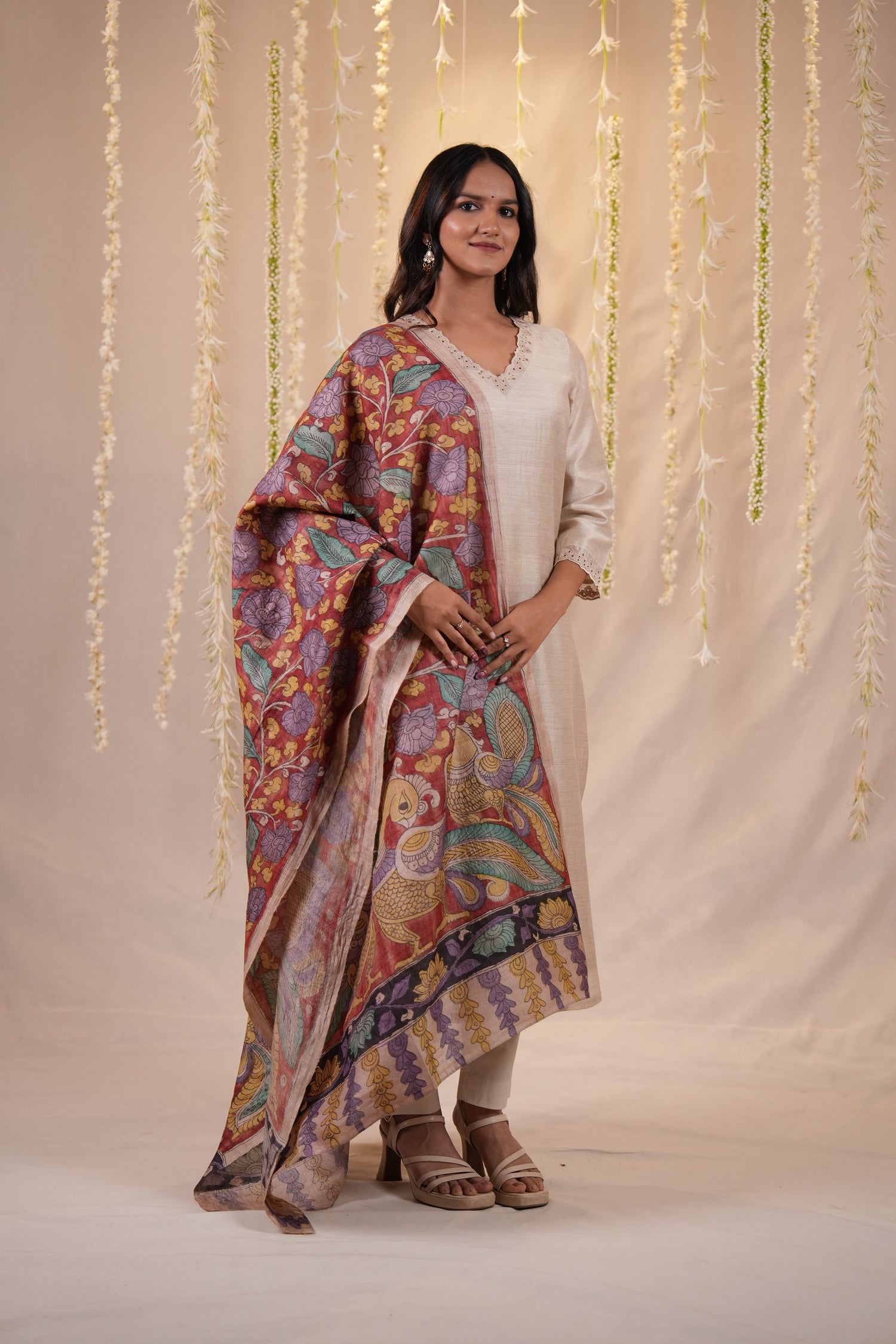 Ek Dor Beige Muga Silk Kurta with Machine Embroidery