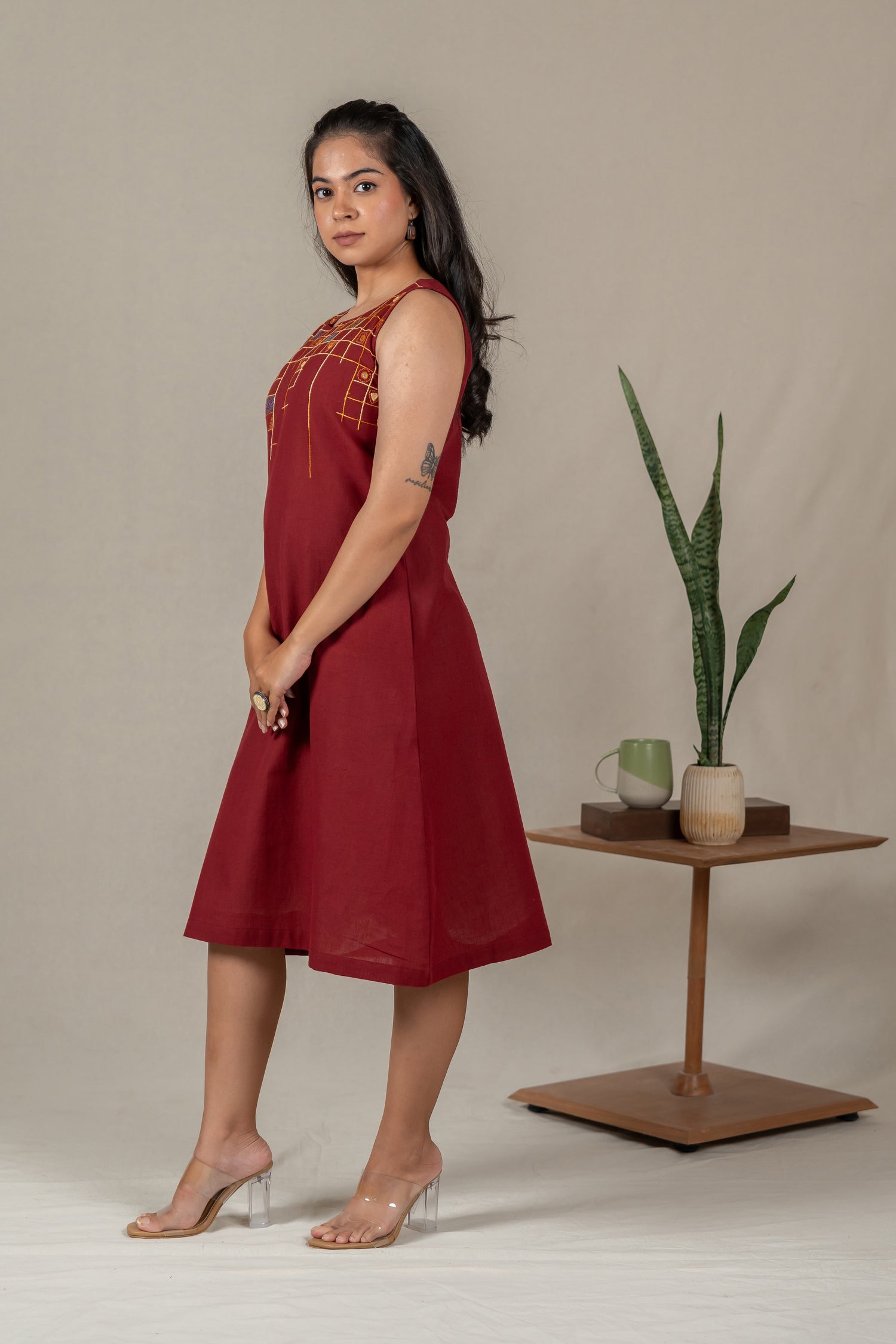 Sleeveless Cotton A-Line Dress with Mirror Work in Maroon – Suchi