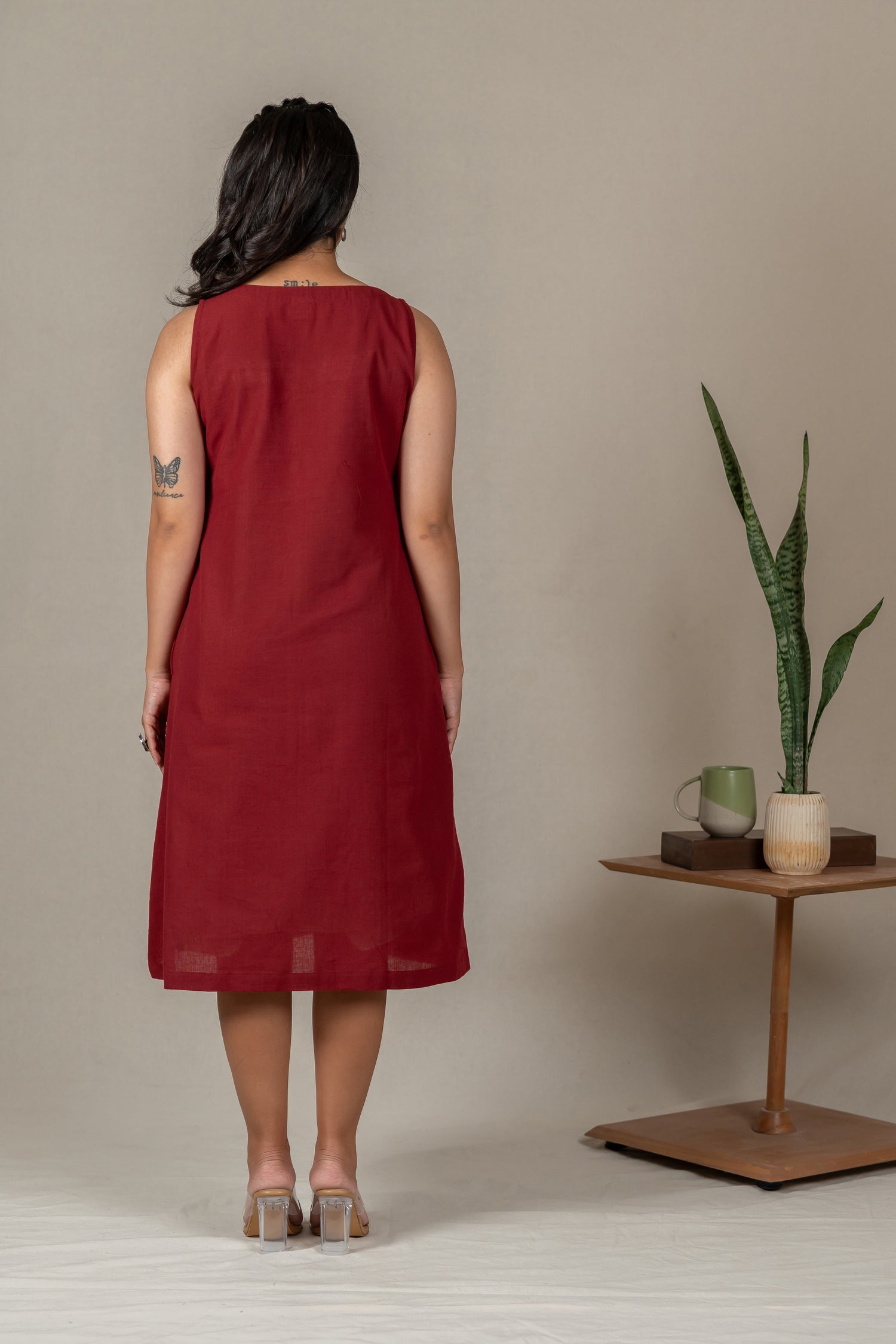Sleeveless Cotton A-Line Dress with Mirror Work in Maroon – Suchi