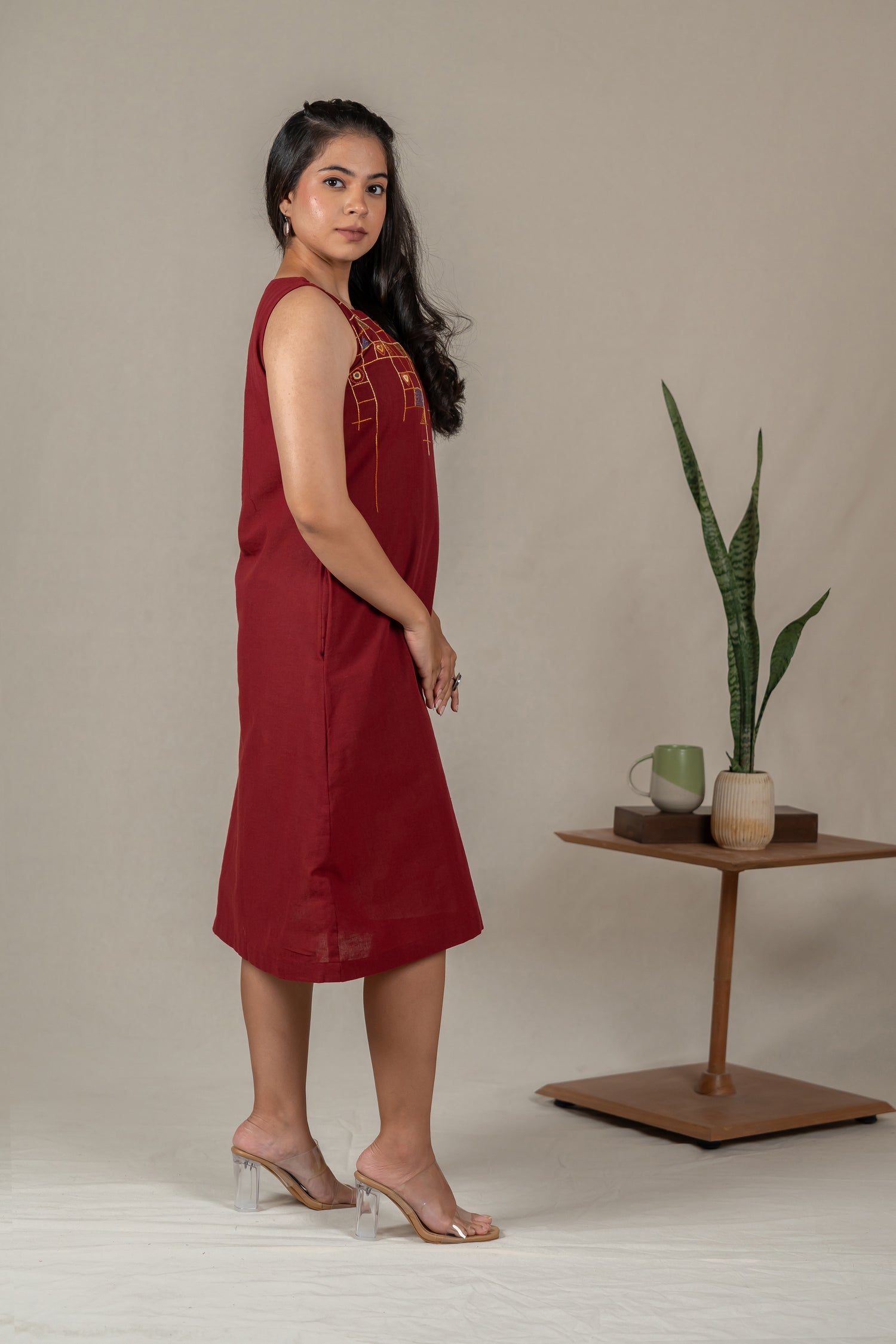 Sleeveless Cotton A-Line Dress with Mirror Work in Maroon – Suchi