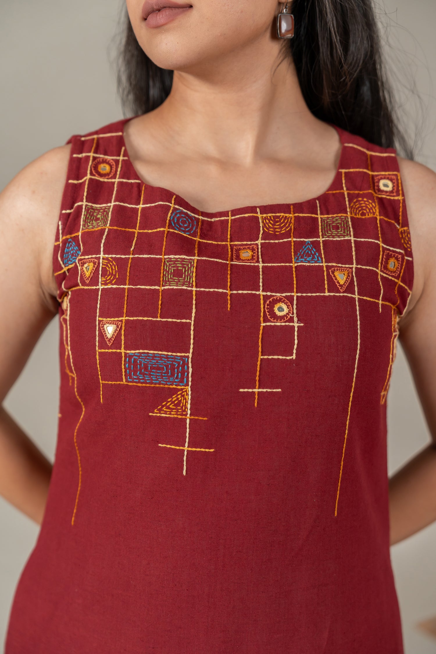 Sleeveless Cotton A-Line Dress with Mirror Work in Maroon – Suchi