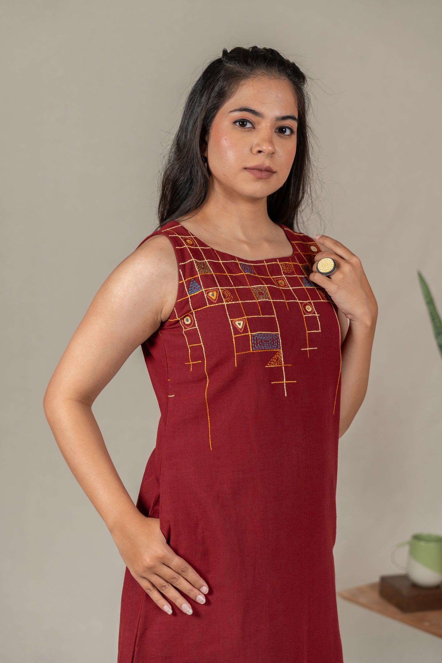Sleeveless Cotton A-Line Dress with Mirror Work in Maroon – Suchi