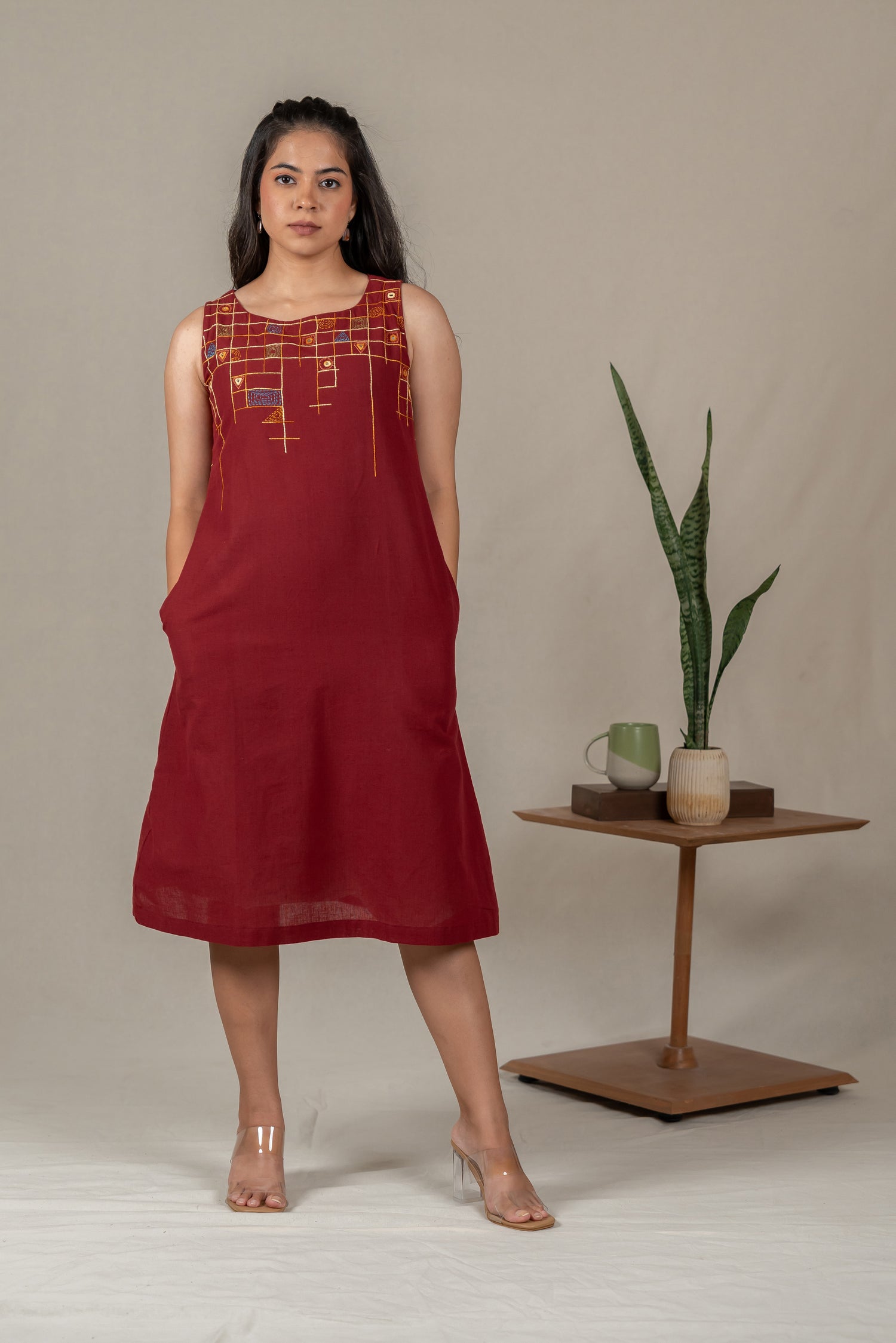 Sleeveless Cotton A-Line Dress with Mirror Work in Maroon – Suchi