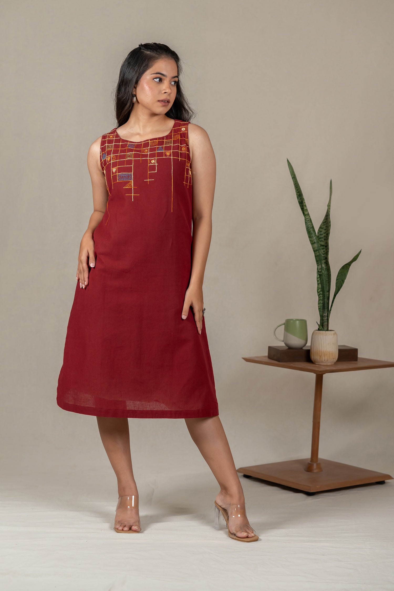 Sleeveless Cotton A-Line Dress with Mirror Work in Maroon – Suchi