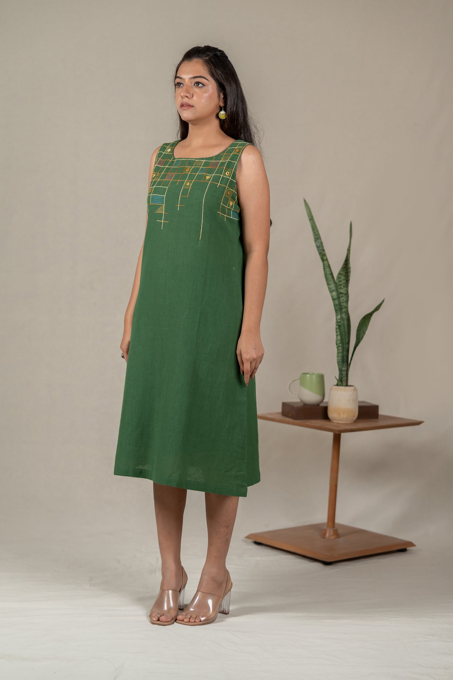 Sleeveless Hand Embroidered Handloom Cotton A-Line Dress with Mirror Work in Deep Green – Suchi