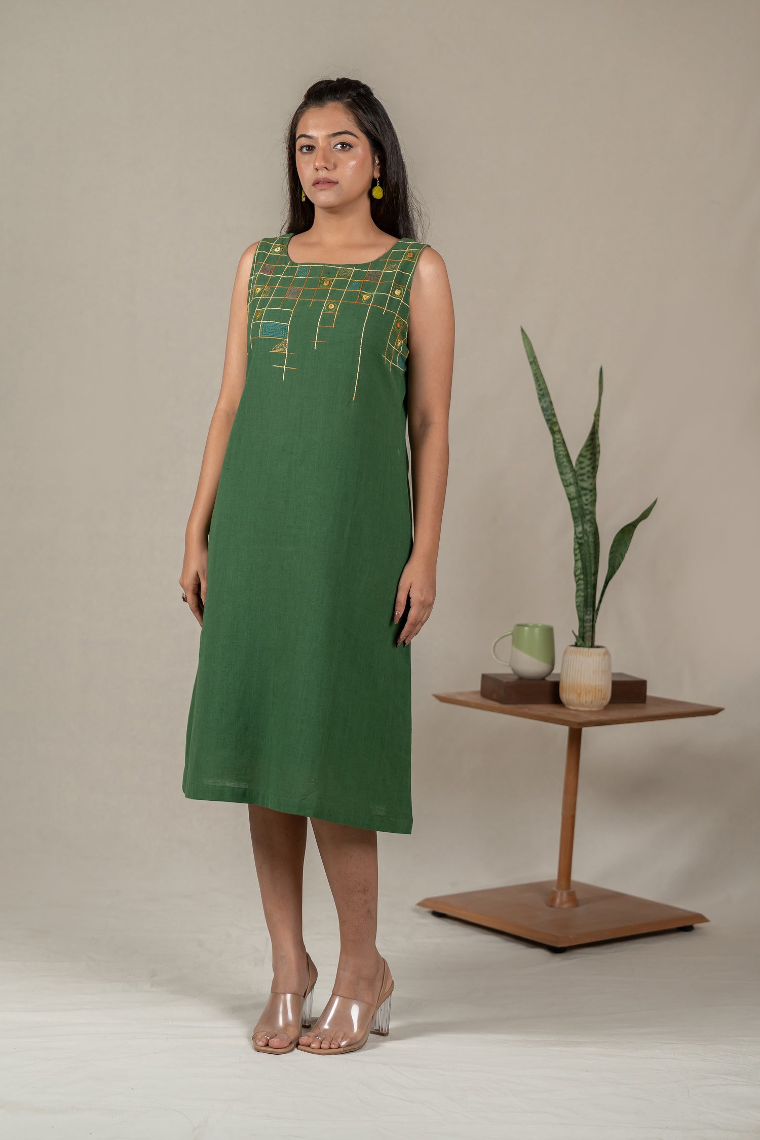 Sleeveless Hand Embroidered Handloom Cotton A-Line Dress with Mirror Work in Deep Green – Suchi