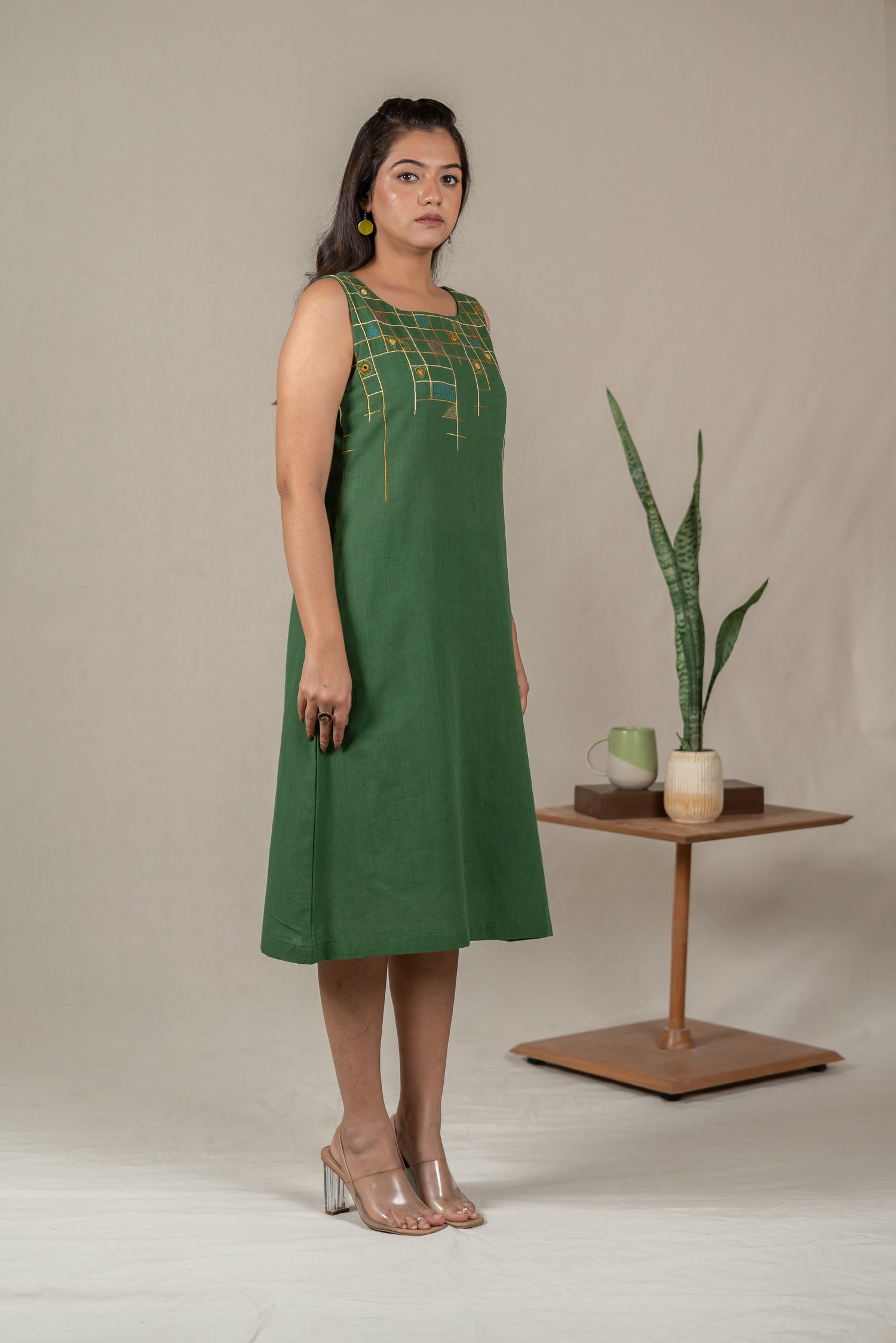 Sleeveless Hand Embroidered Handloom Cotton A-Line Dress with Mirror Work in Deep Green – Suchi