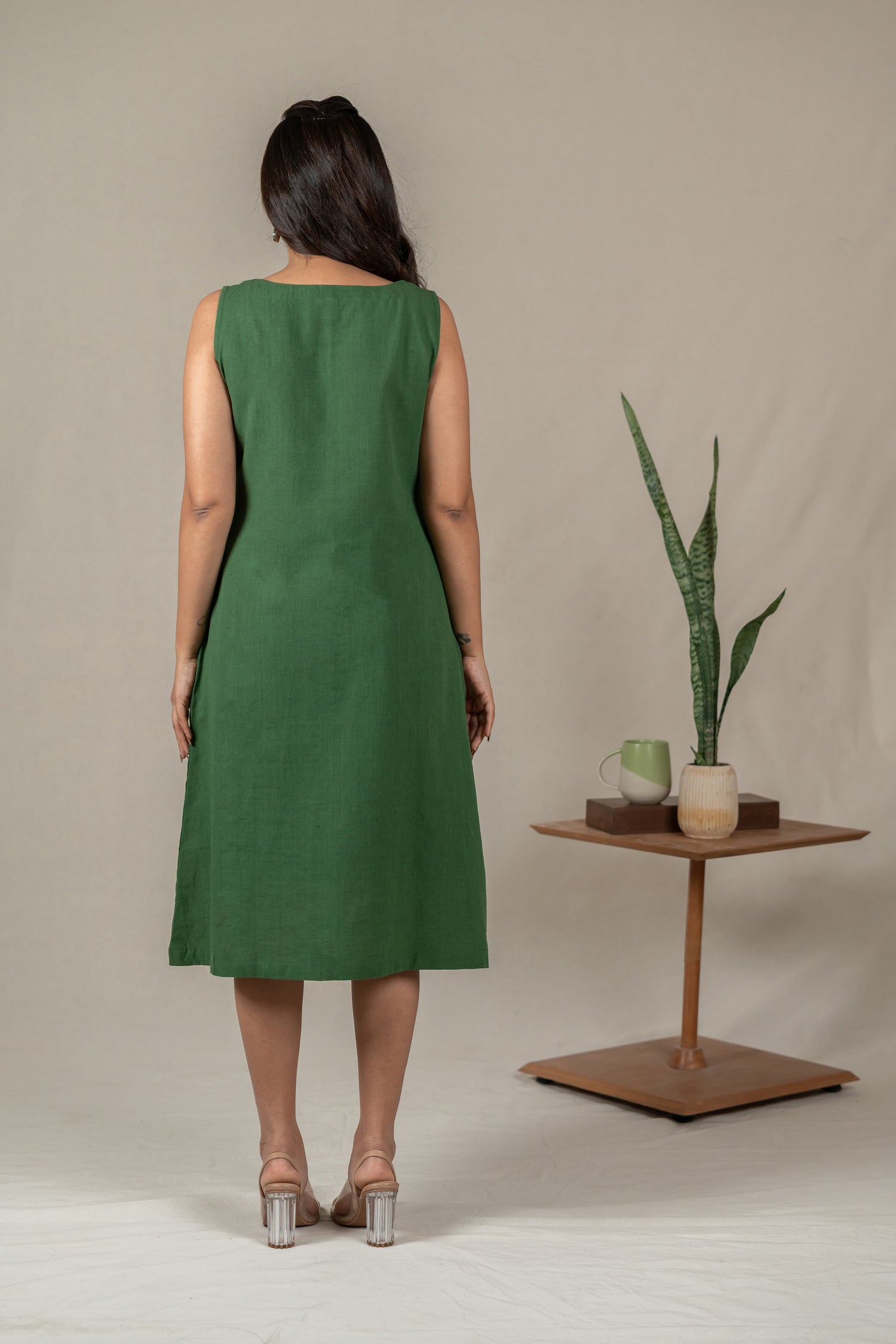 Sleeveless Hand Embroidered Handloom Cotton A-Line Dress with Mirror Work in Deep Green – Suchi
