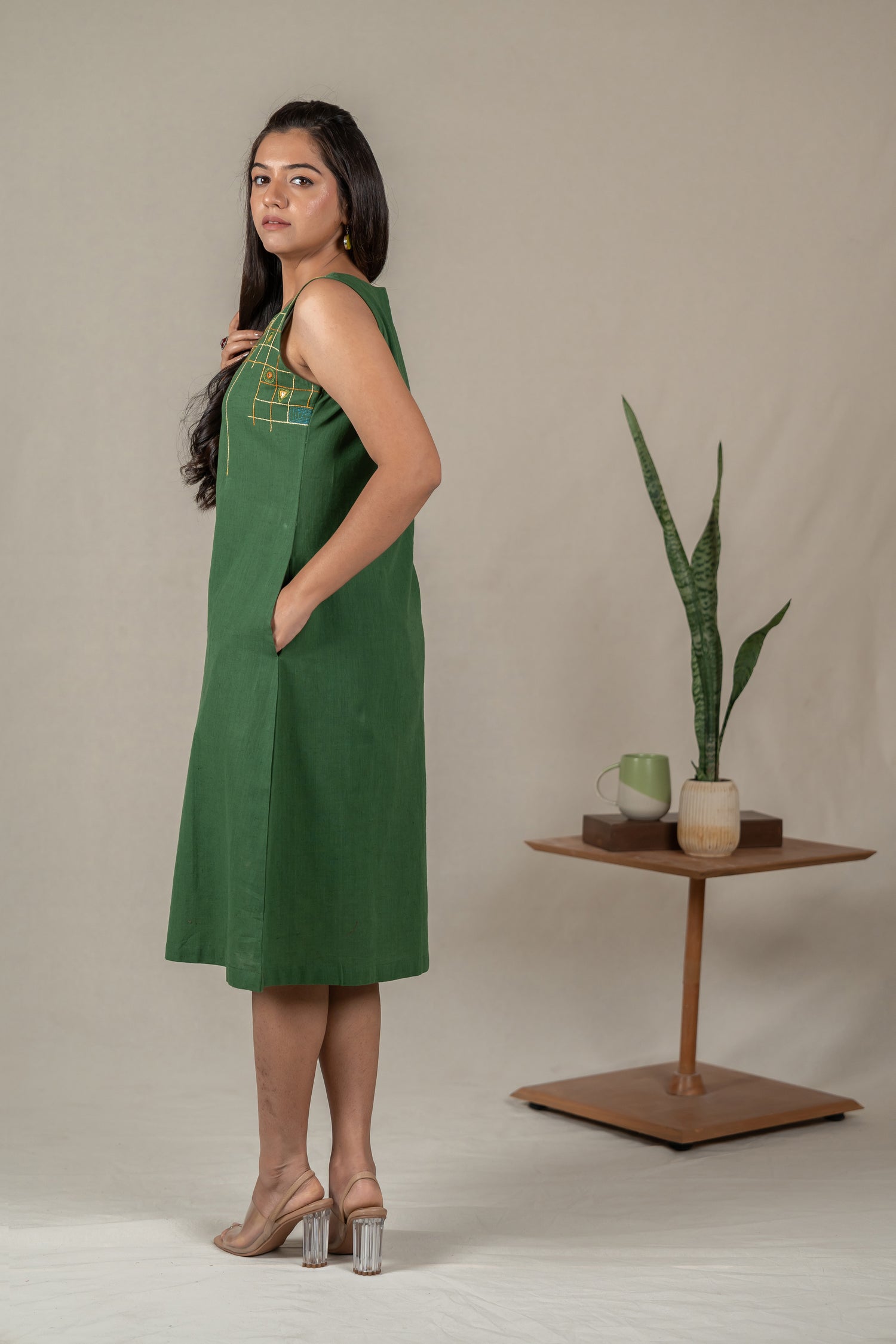 Sleeveless Hand Embroidered Handloom Cotton A-Line Dress with Mirror Work in Deep Green – Suchi