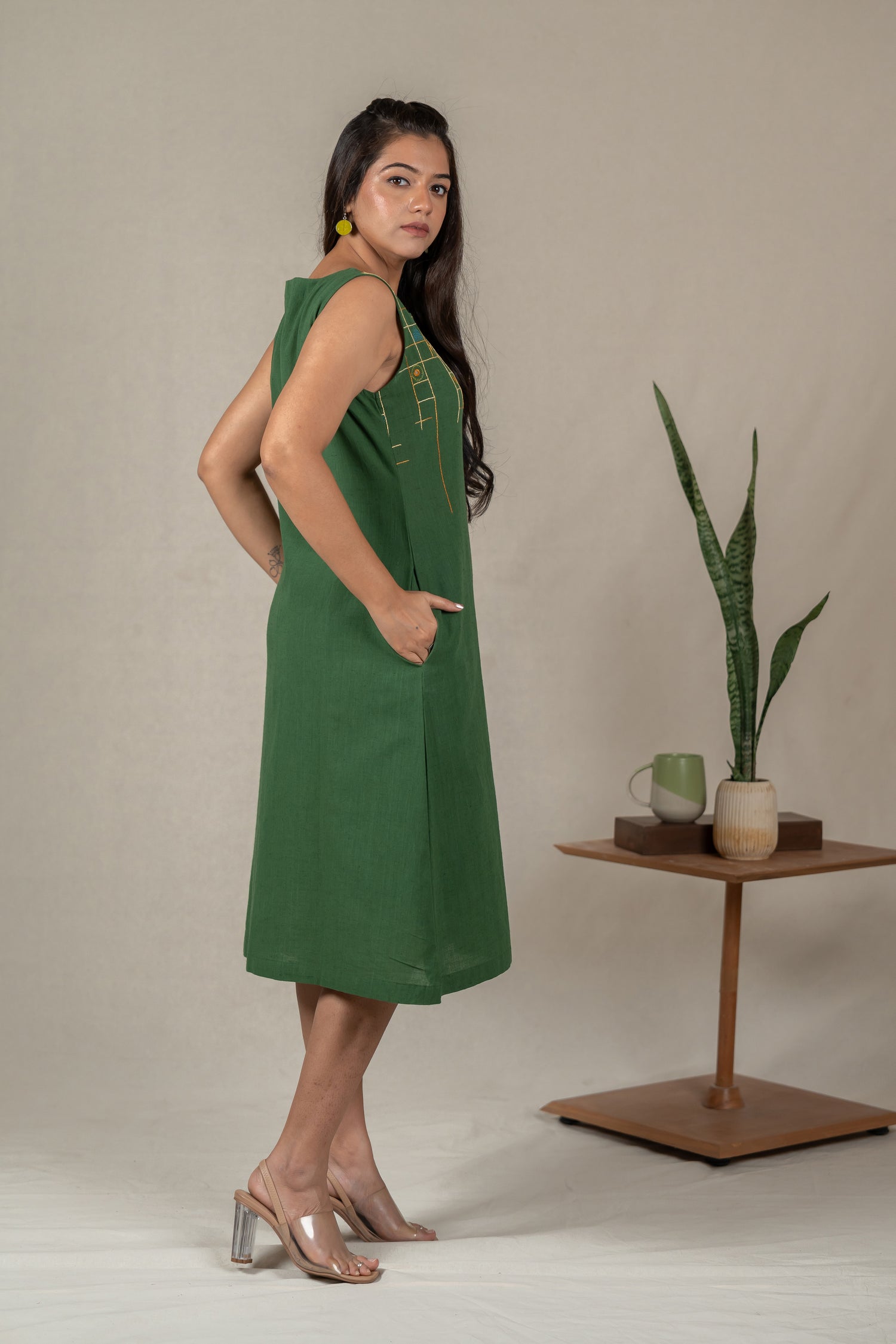 Sleeveless Hand Embroidered Handloom Cotton A-Line Dress with Mirror Work in Deep Green – Suchi