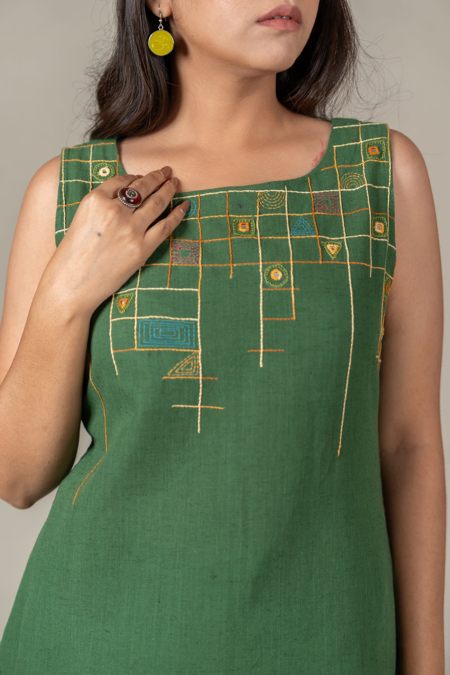 Sleeveless Hand Embroidered Handloom Cotton A-Line Dress with Mirror Work in Deep Green – Suchi