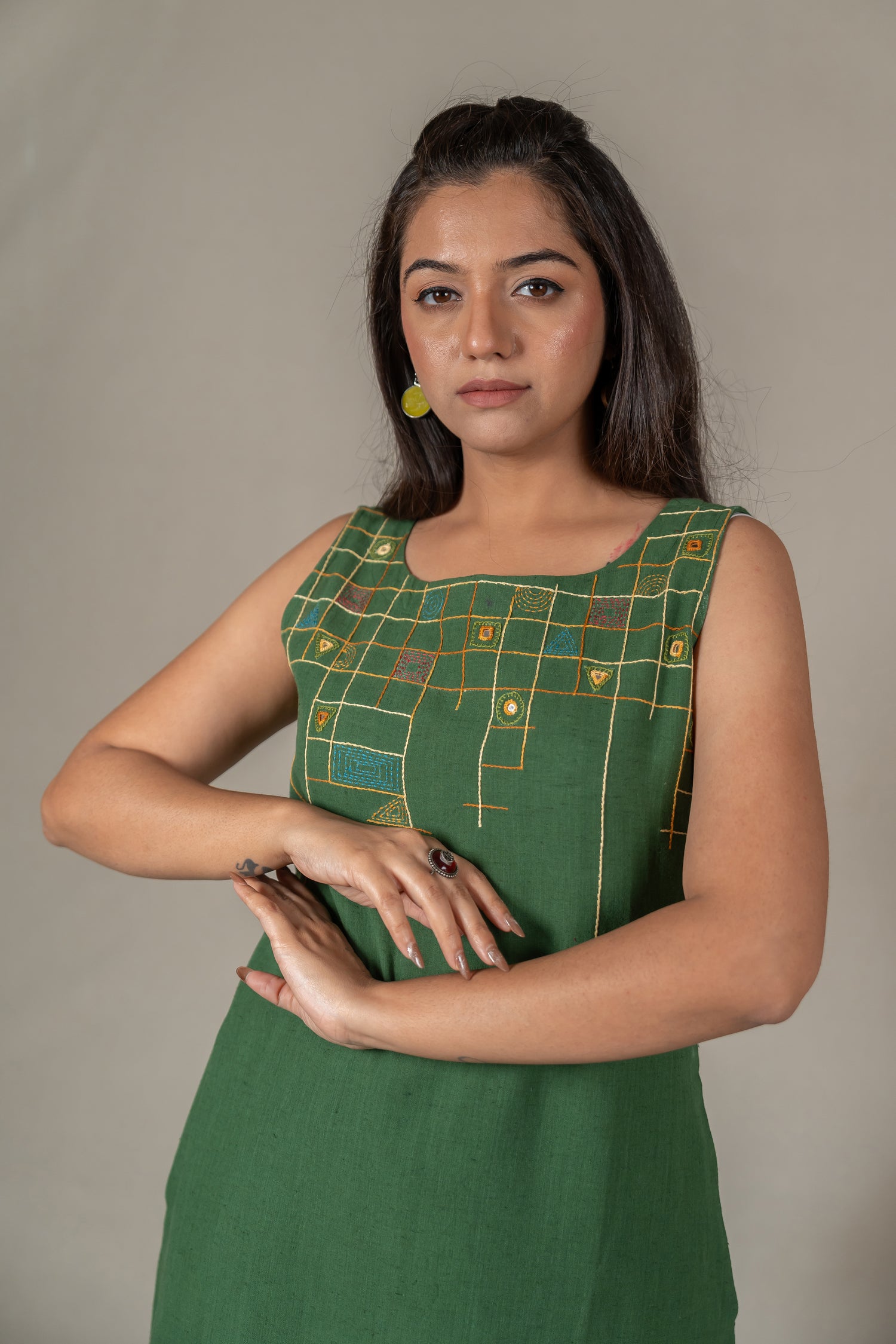Sleeveless Hand Embroidered Handloom Cotton A-Line Dress with Mirror Work in Deep Green – Suchi