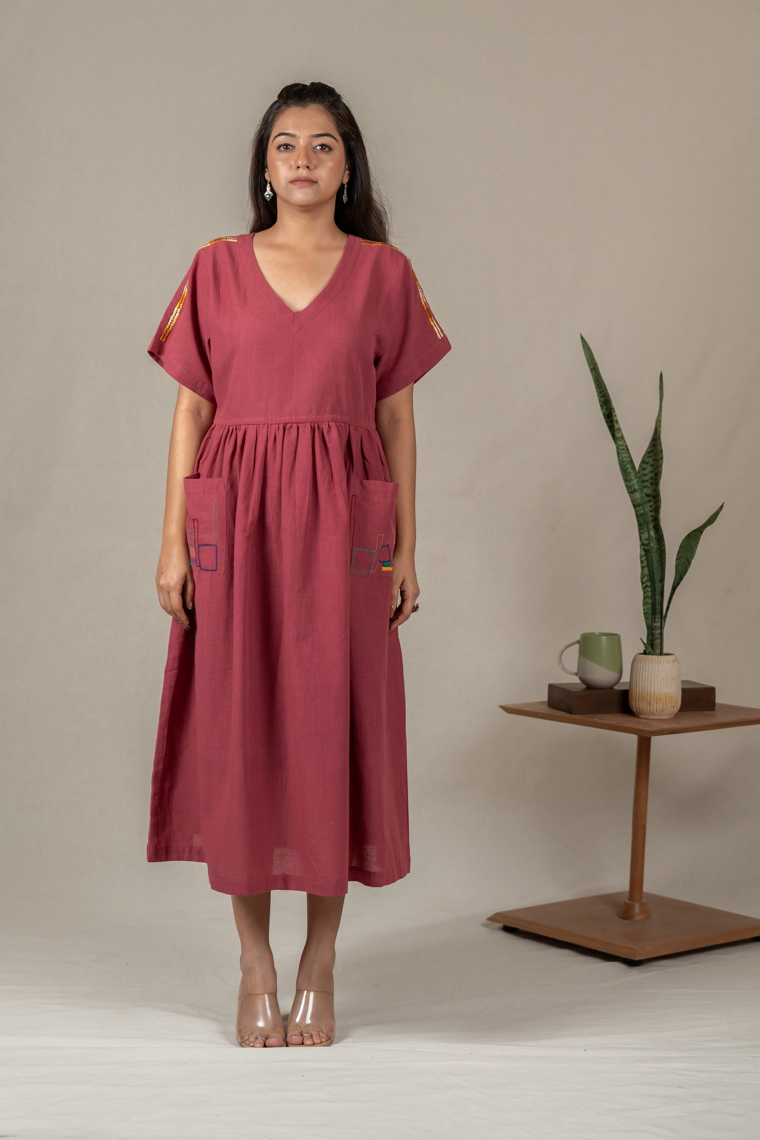Muted Pink Handloom Kimono-Sleeve Dress with Embroidery – Suchi