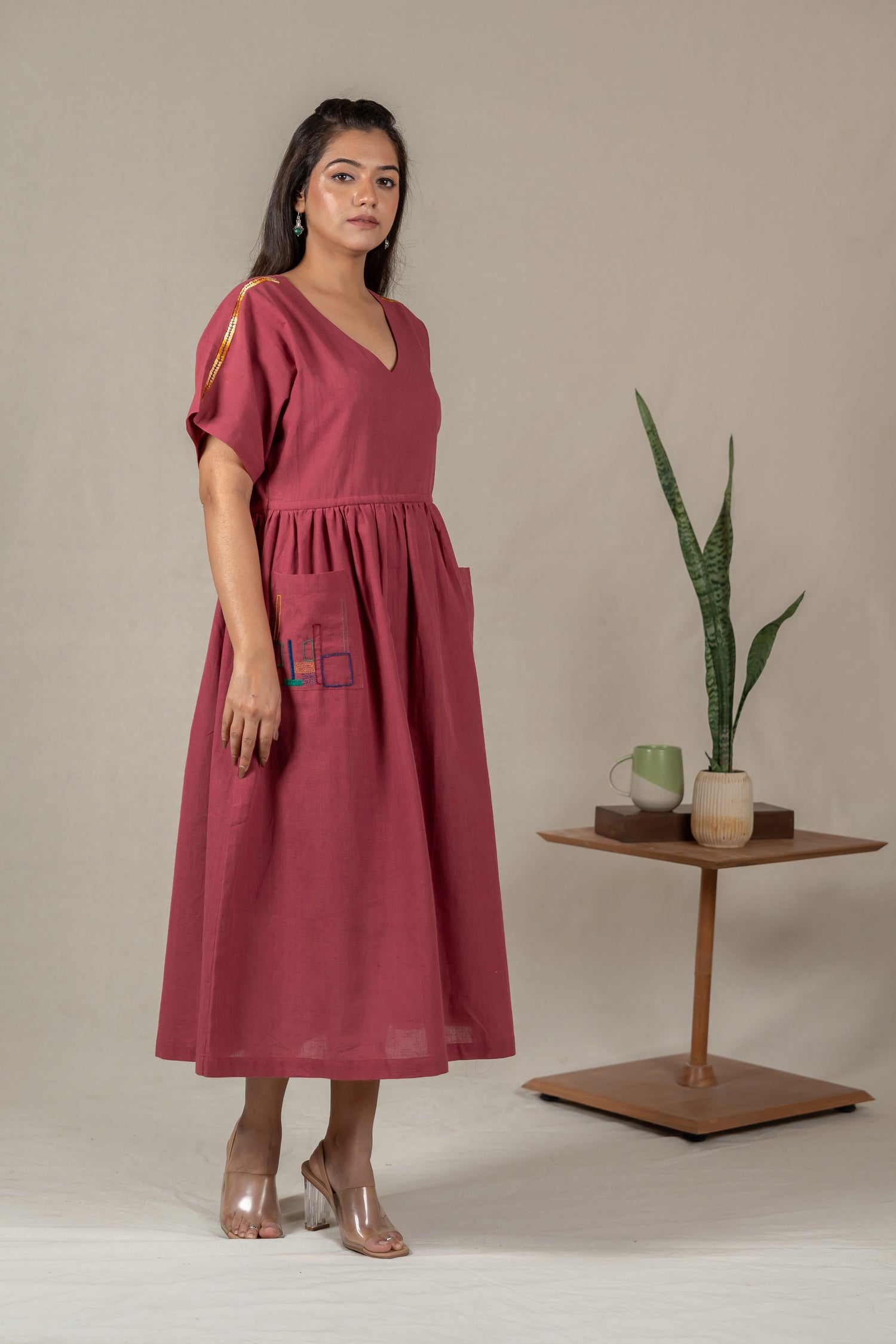 Muted Pink Handloom Kimono-Sleeve Dress with Embroidery – Suchi