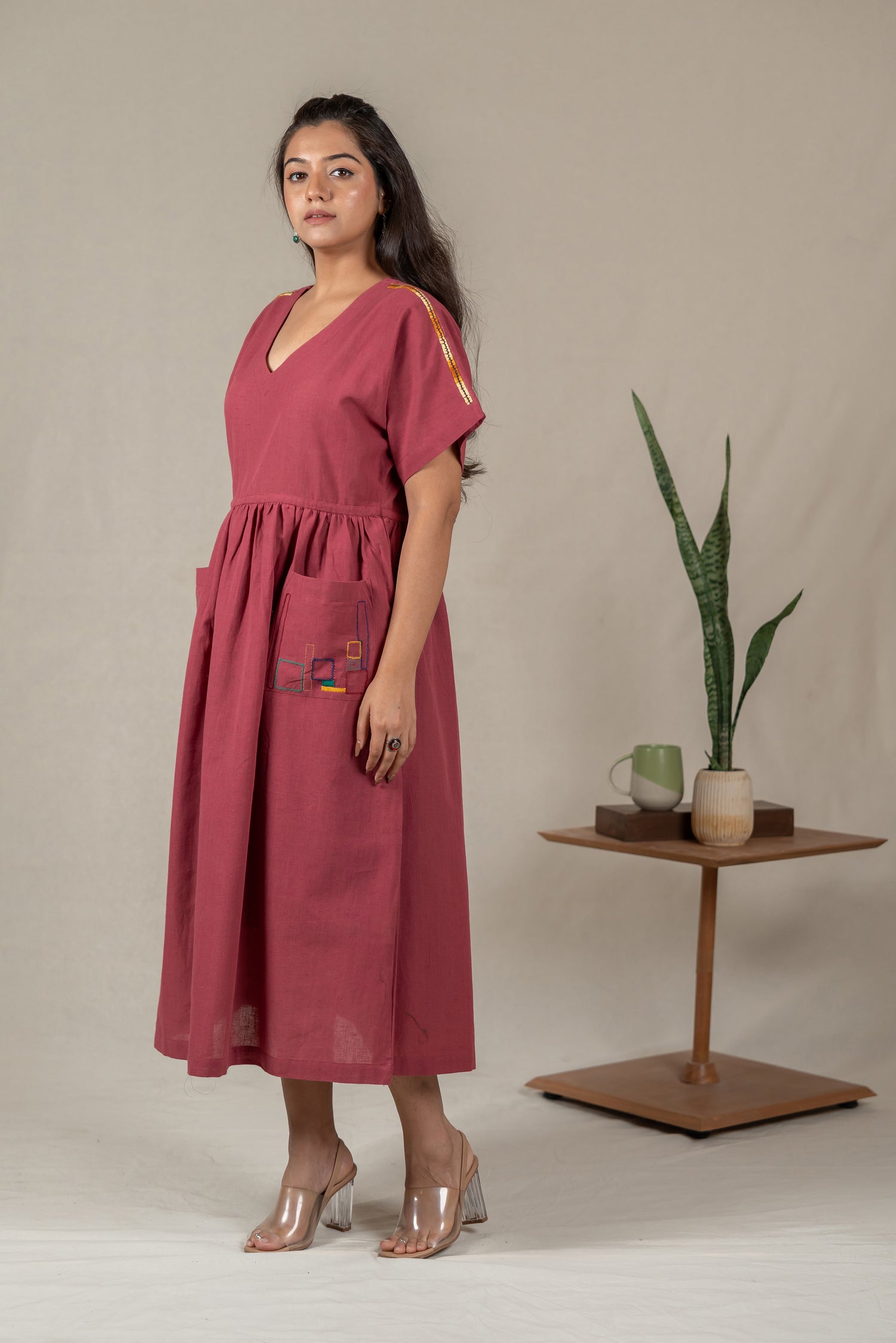 Muted Pink Handloom Kimono-Sleeve Dress with Embroidery – Suchi