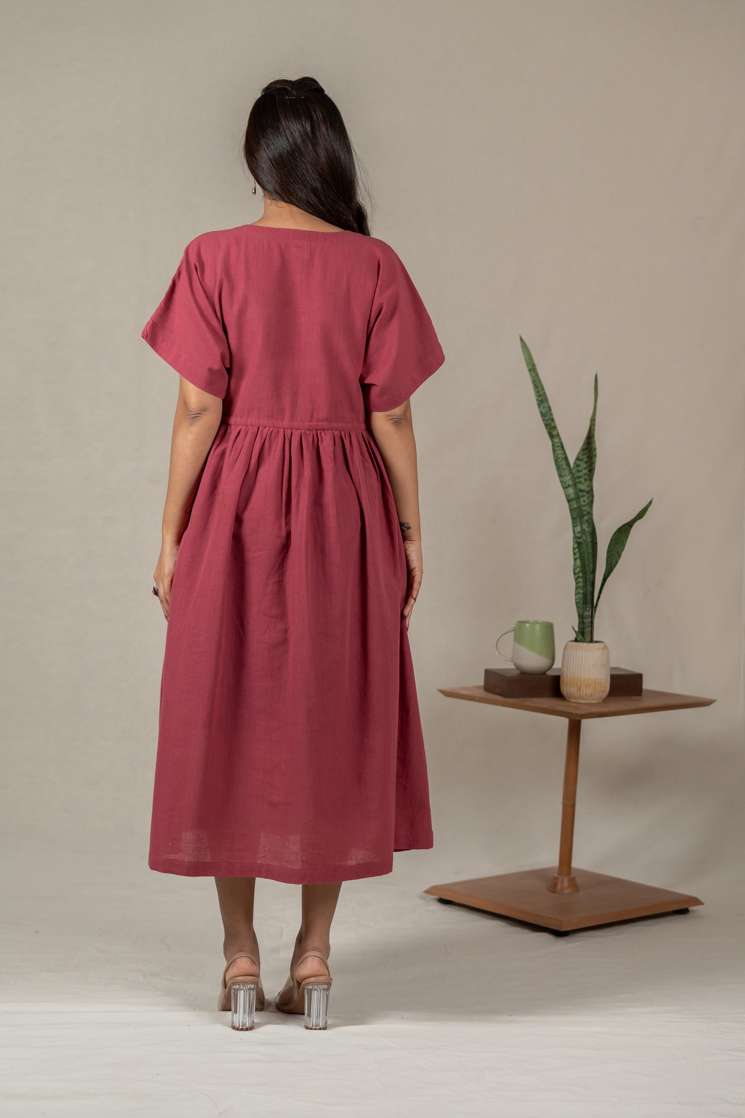 Muted Pink Handloom Kimono-Sleeve Dress with Embroidery – Suchi