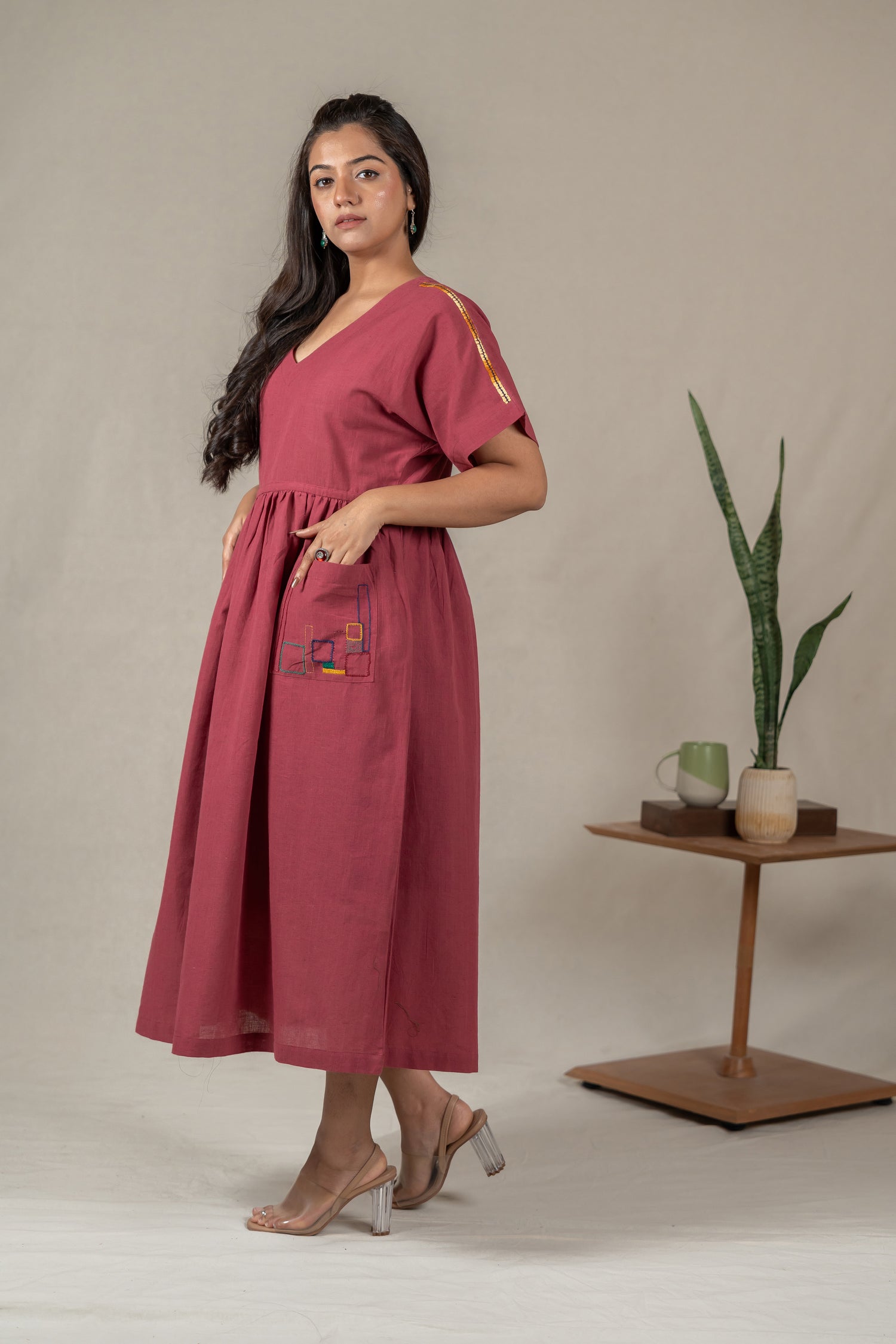 Muted Pink Handloom Kimono-Sleeve Dress with Embroidery – Suchi