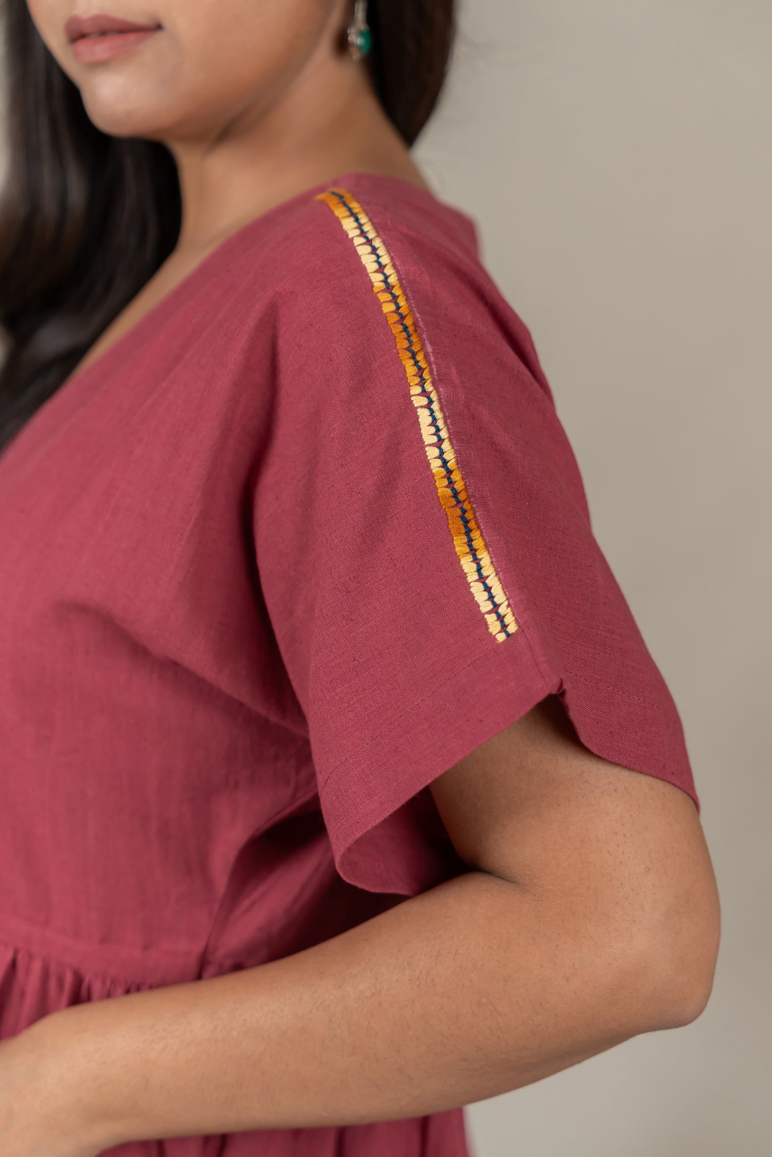 Muted Pink Handloom Kimono-Sleeve Dress with Embroidery – Suchi