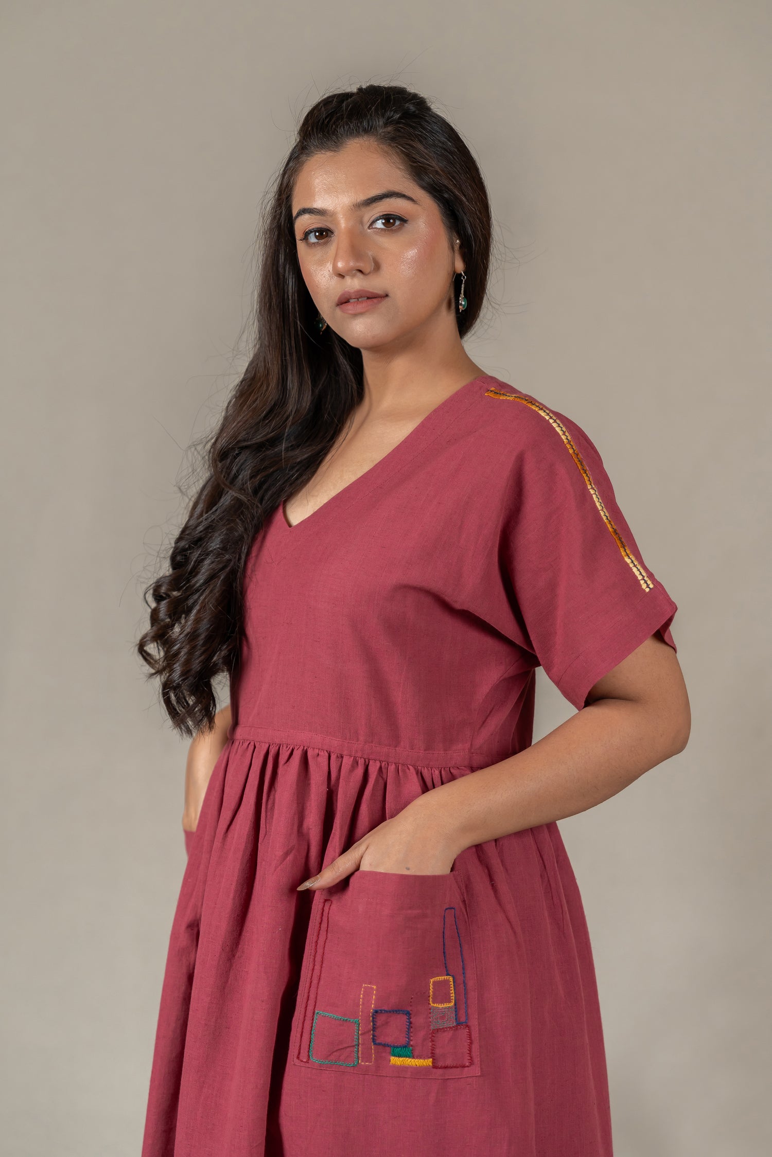 Muted Pink Handloom Kimono-Sleeve Dress with Embroidery – Suchi