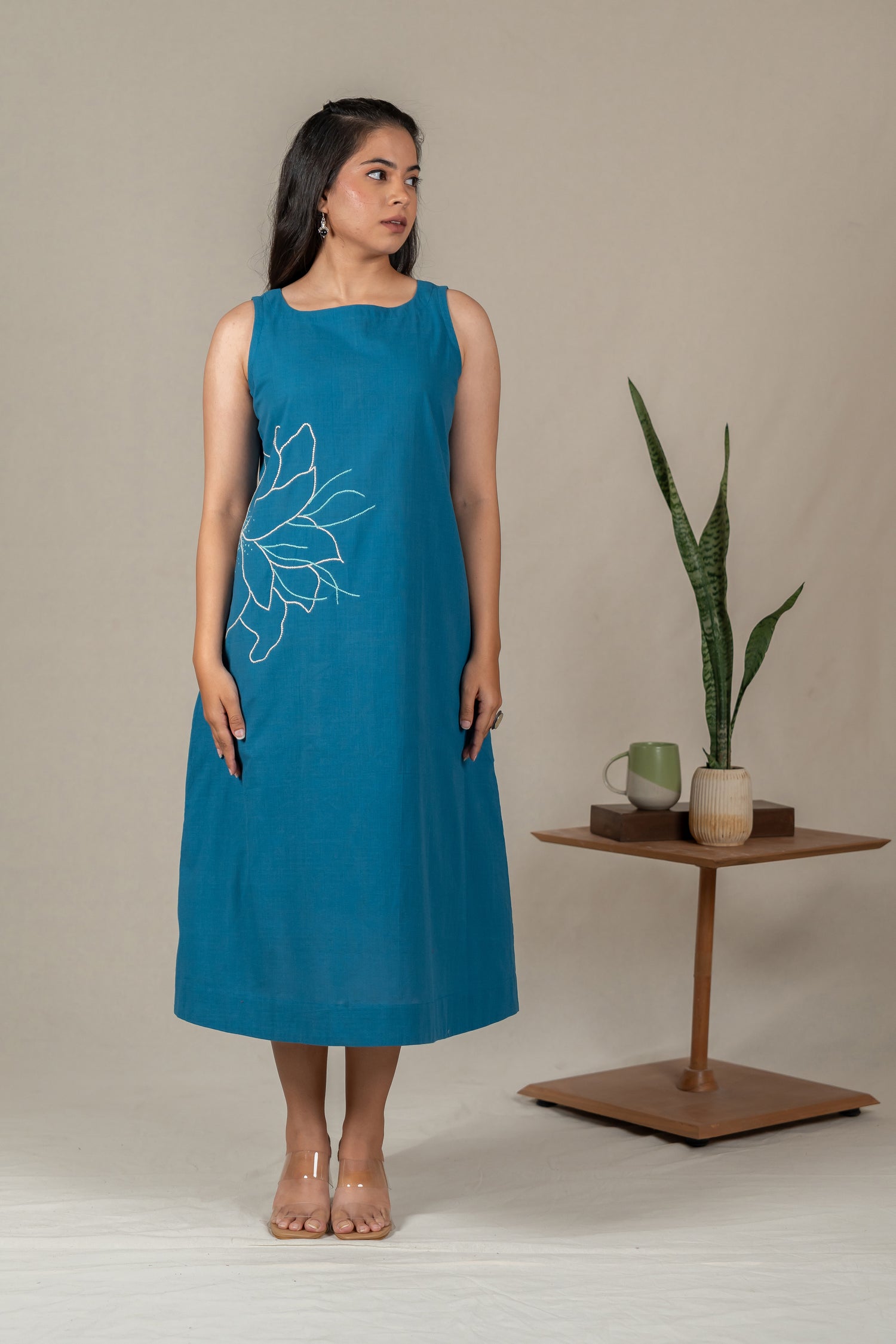 Hand Embroidered Handloom Cotton Dress with Floral Motifs in Teal Blue – Suchi