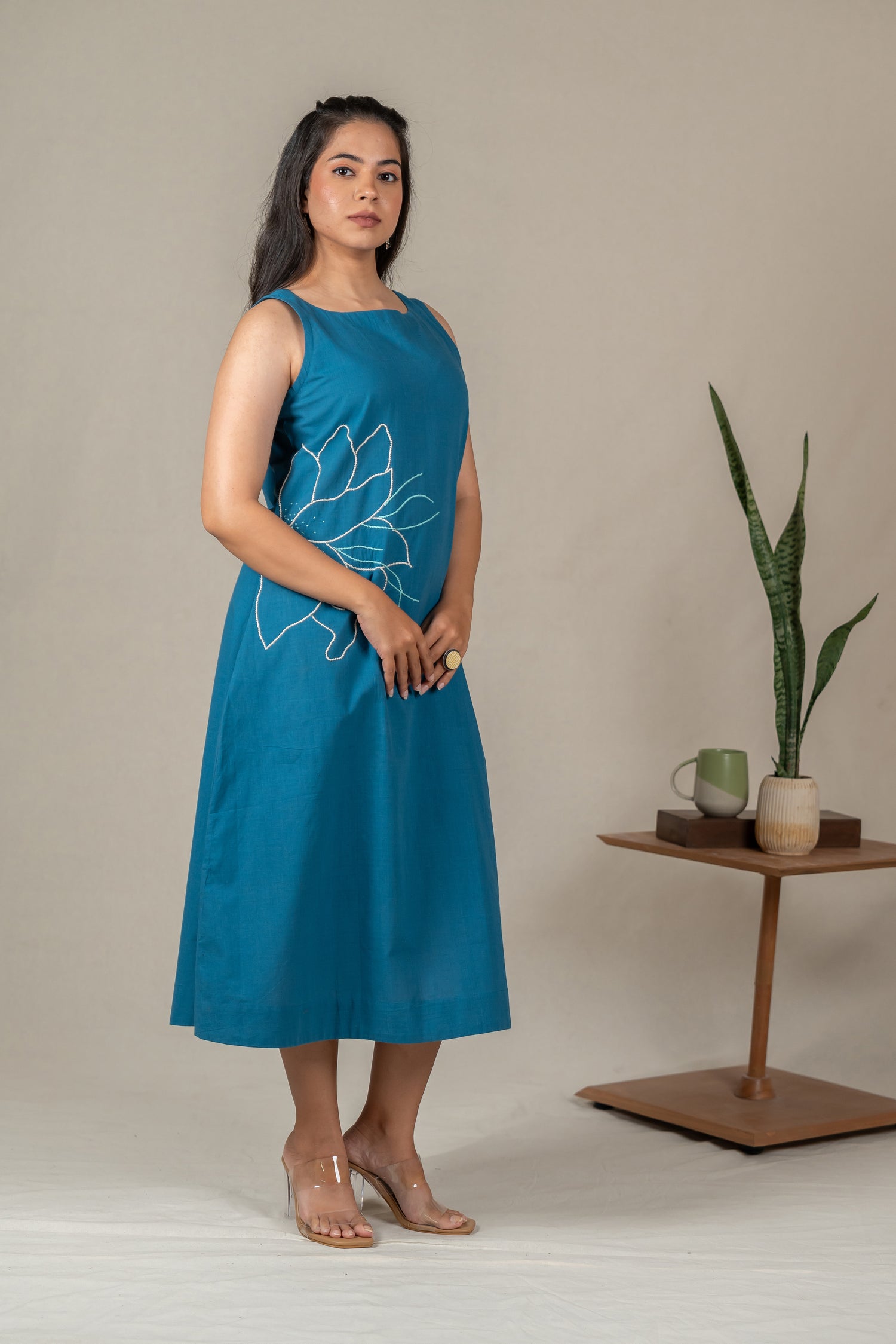 Hand Embroidered Handloom Cotton Dress with Floral Motifs in Teal Blue – Suchi