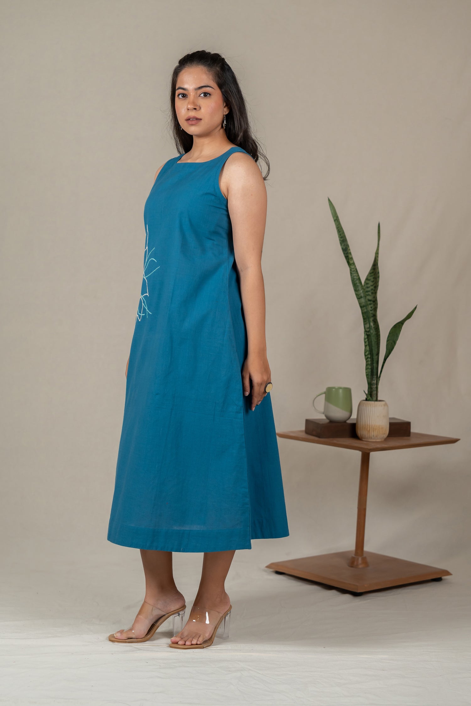 Hand Embroidered Handloom Cotton Dress with Floral Motifs in Teal Blue – Suchi