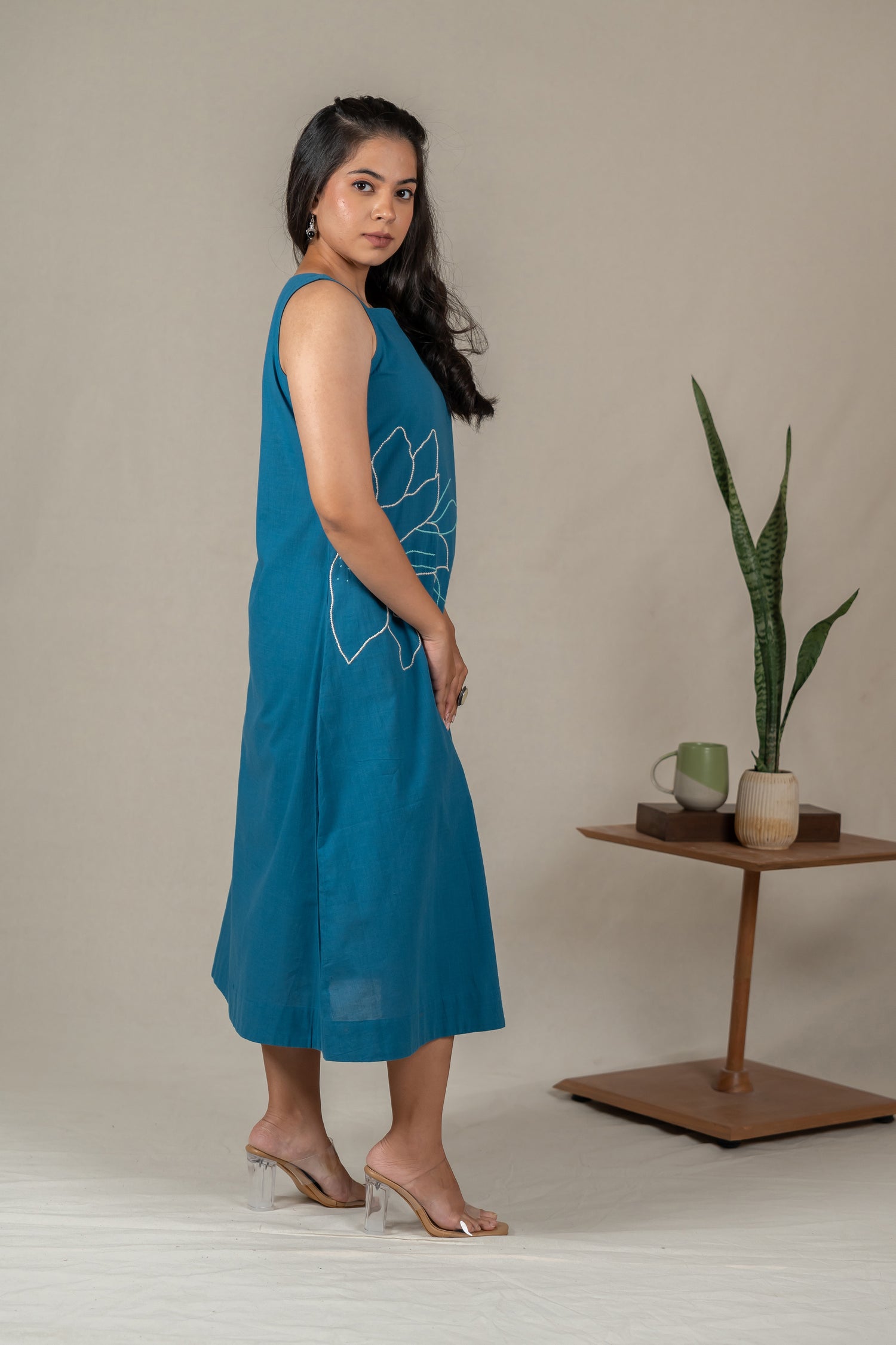 Hand Embroidered Handloom Cotton Dress with Floral Motifs in Teal Blue – Suchi