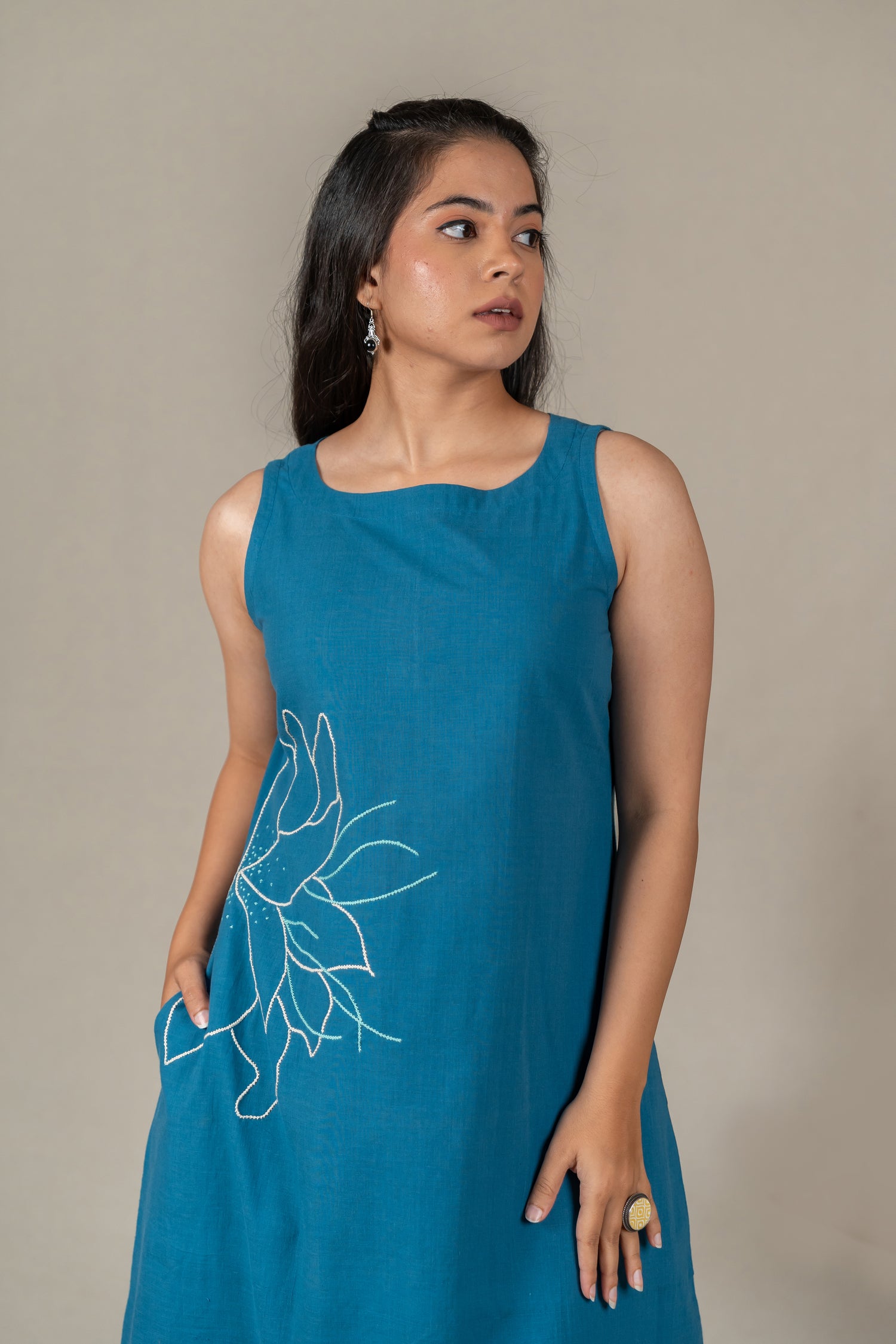 Hand Embroidered Handloom Cotton Dress with Floral Motifs in Teal Blue – Suchi