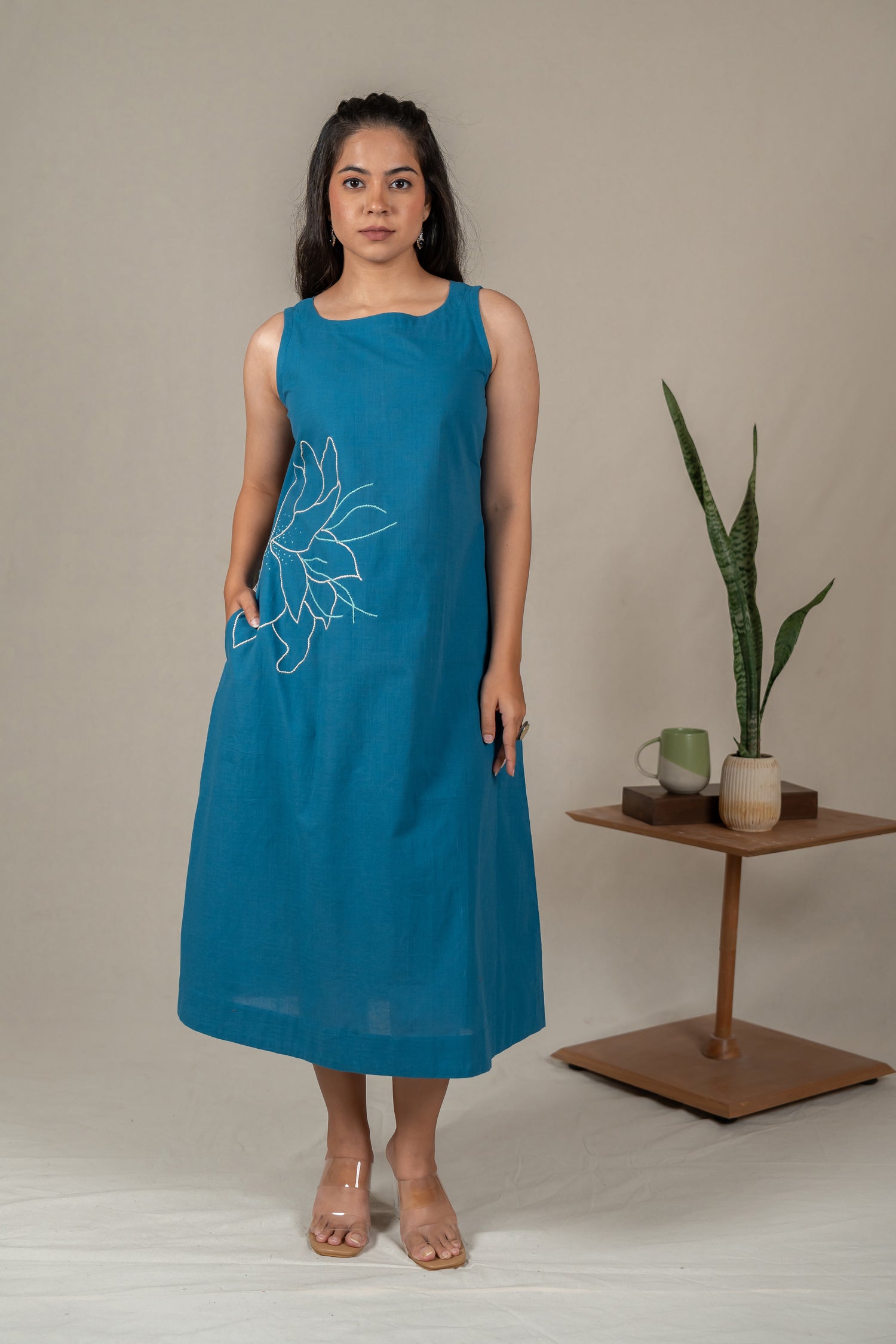 Hand Embroidered Handloom Cotton Dress with Floral Motifs in Teal Blue – Suchi