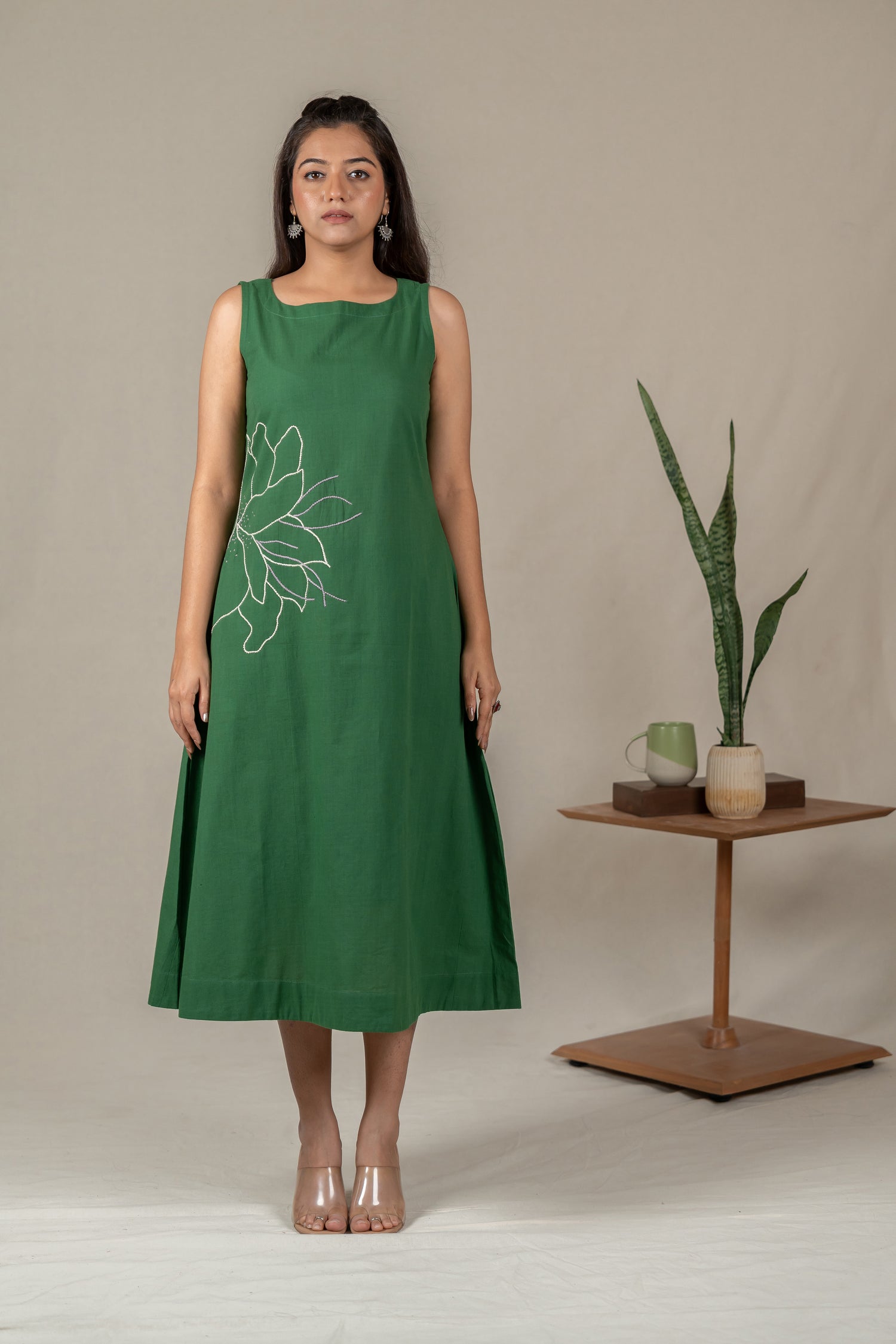Hand Embroidered Handloom Cotton Dress with Floral Motifs in Green – Suchi