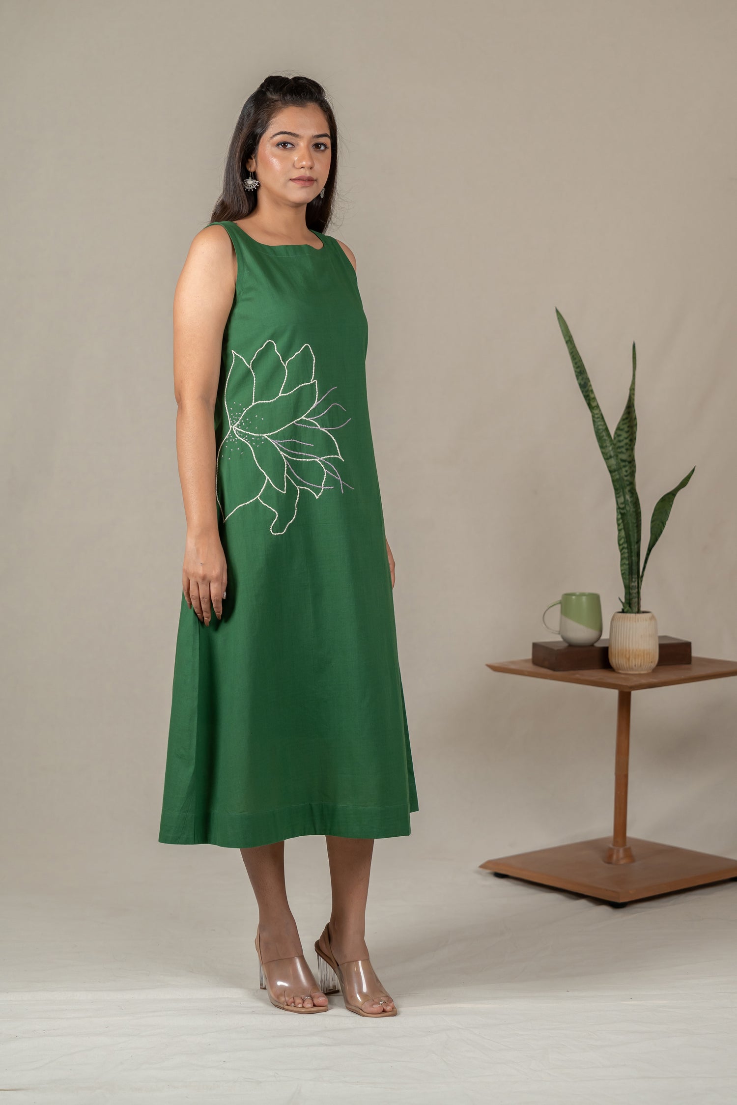 Hand Embroidered Handloom Cotton Dress with Floral Motifs in Green – Suchi