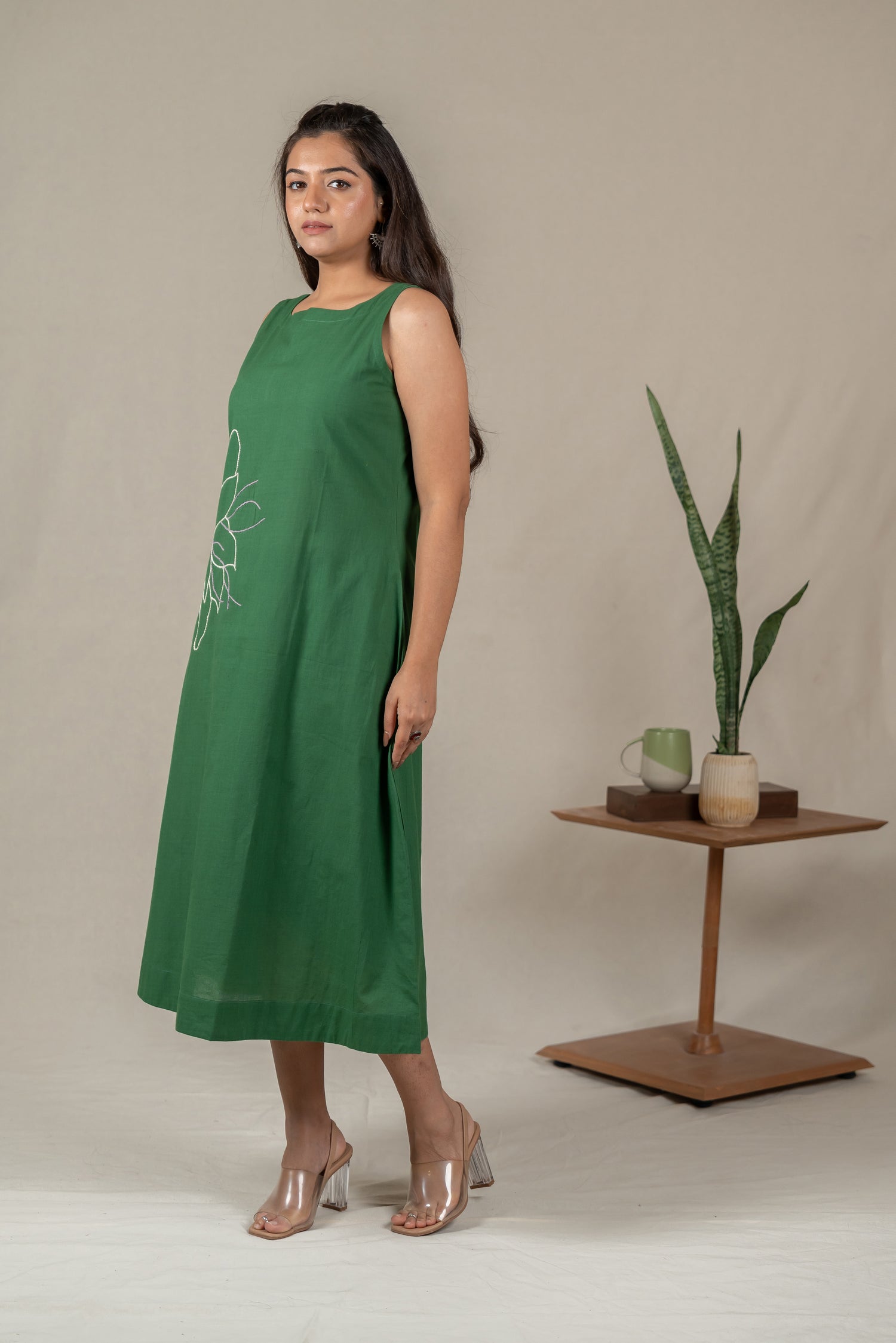 Hand Embroidered Handloom Cotton Dress with Floral Motifs in Green – Suchi