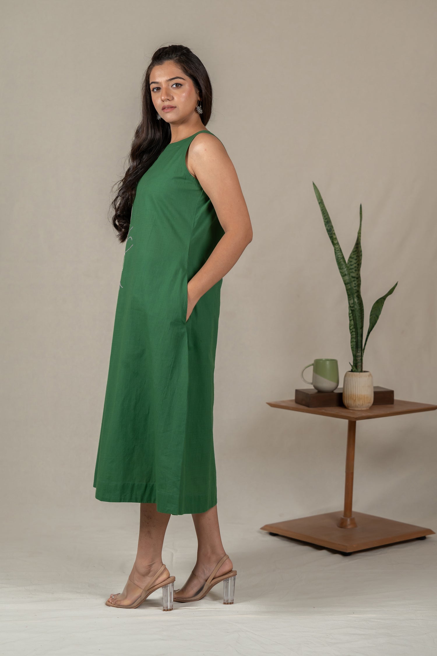 Hand Embroidered Handloom Cotton Dress with Floral Motifs in Green – Suchi