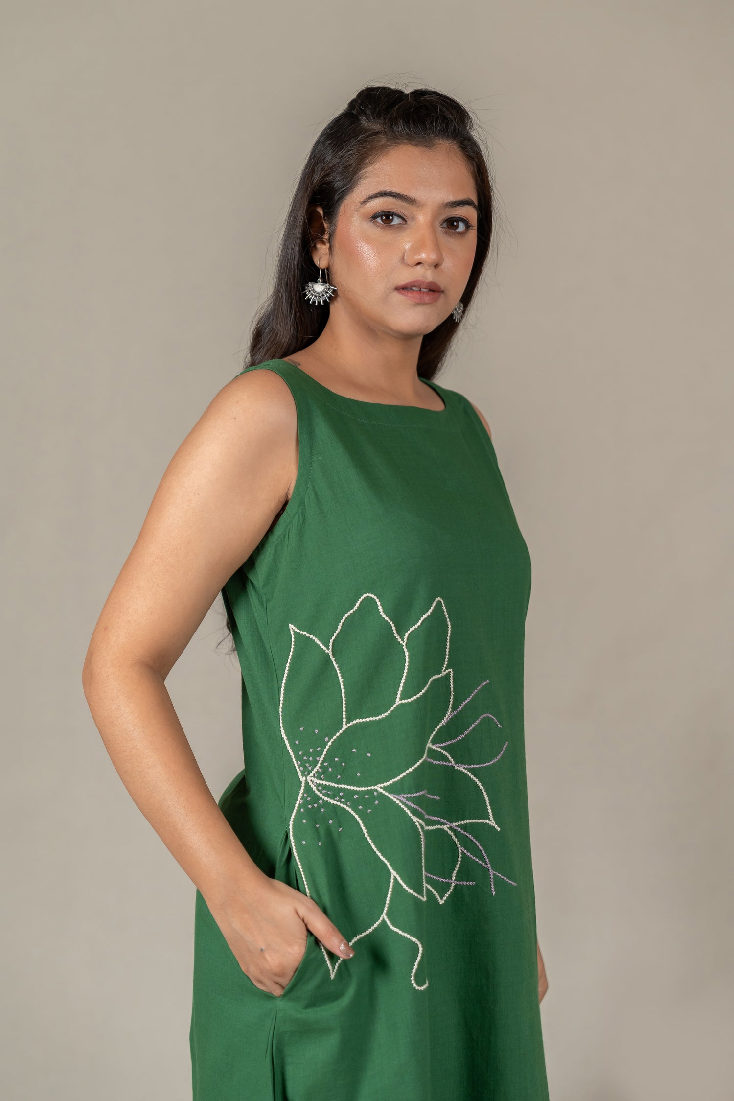 Hand Embroidered Handloom Cotton Dress with Floral Motifs in Green – Suchi