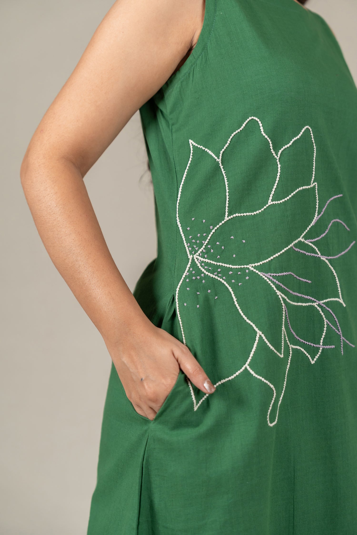 Hand Embroidered Handloom Cotton Dress with Floral Motifs in Green – Suchi