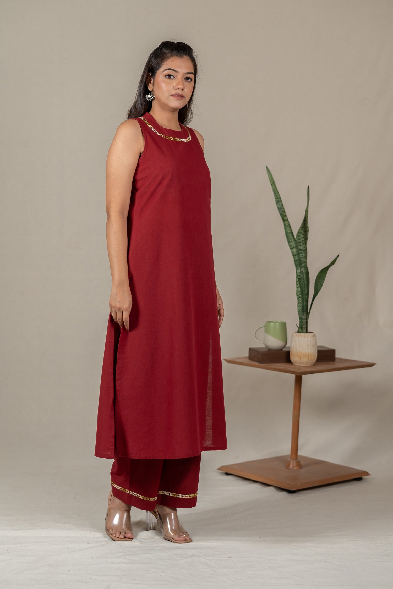 Maroon Sleeveless Hand Embroidered Cotton Kurta Set with Pants – Suchi
