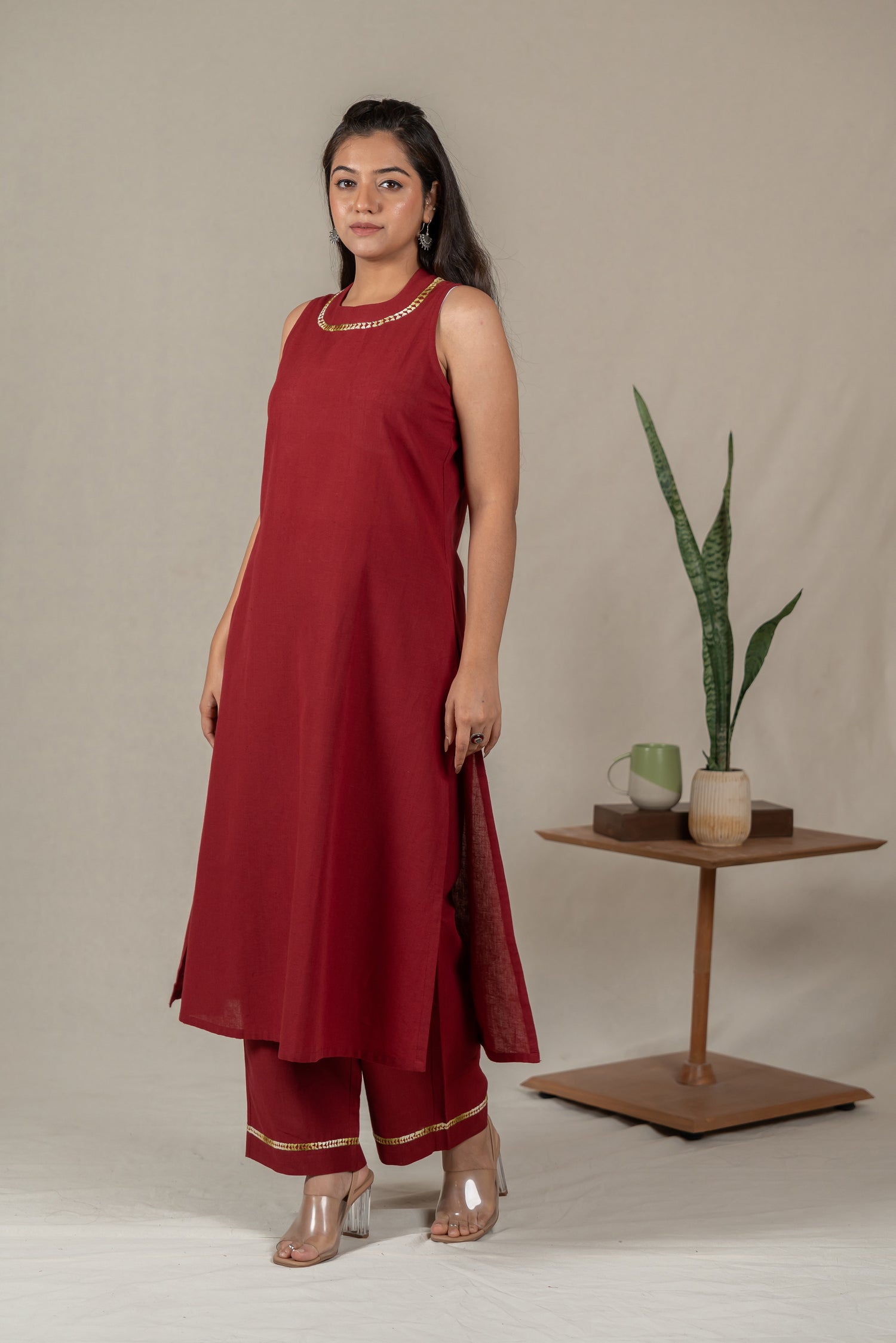 Maroon Sleeveless Hand Embroidered Cotton Kurta Set with Pants – Suchi