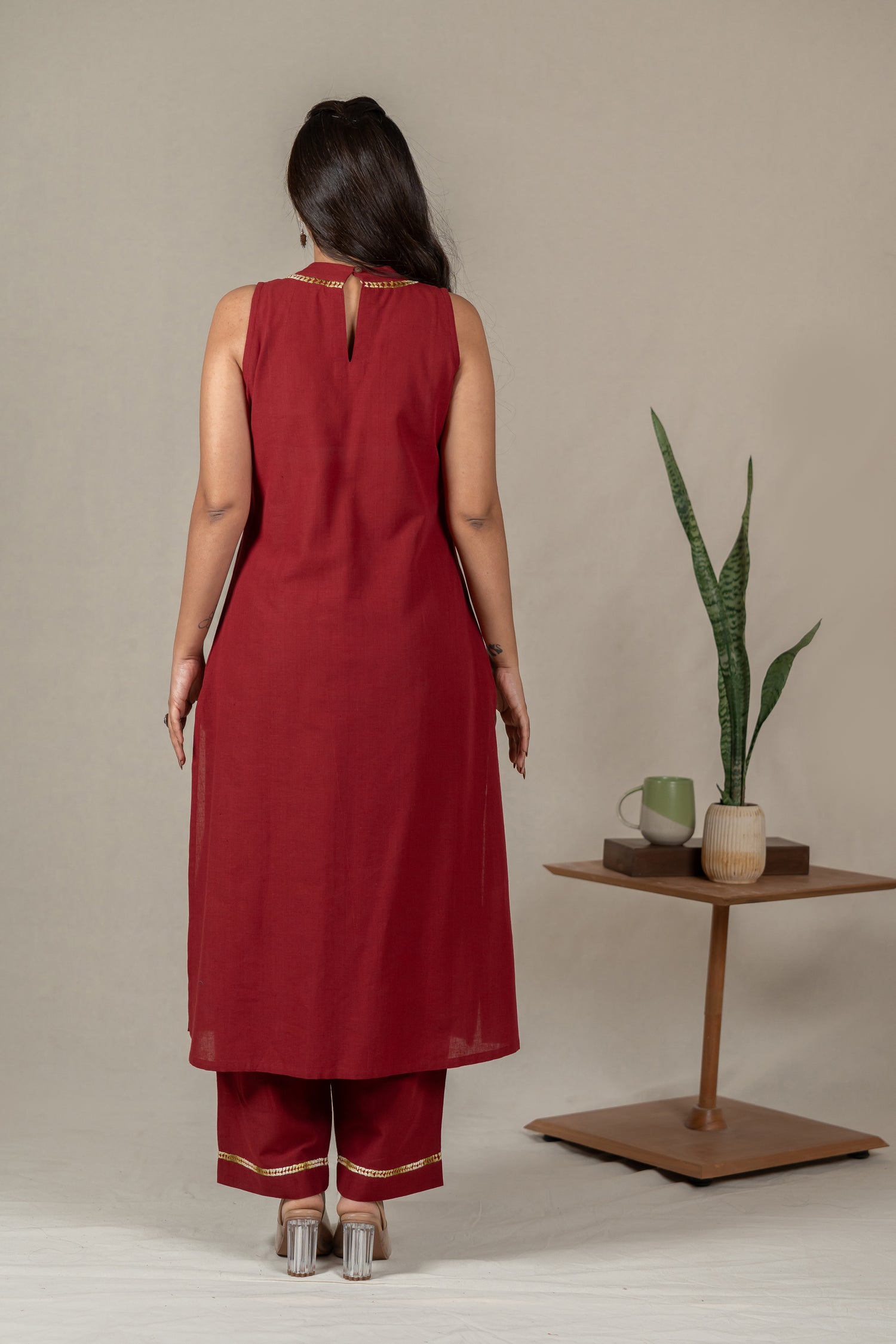 Maroon Sleeveless Hand Embroidered Cotton Kurta Set with Pants – Suchi