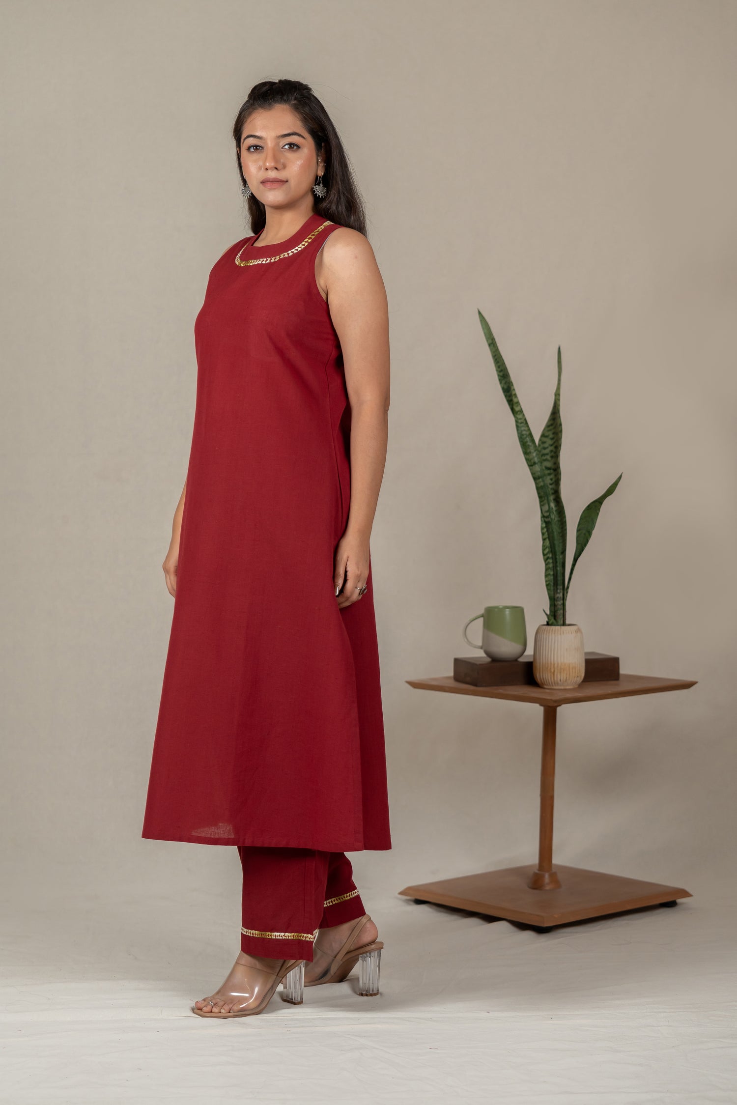Maroon Sleeveless Hand Embroidered Cotton Kurta Set with Pants – Suchi