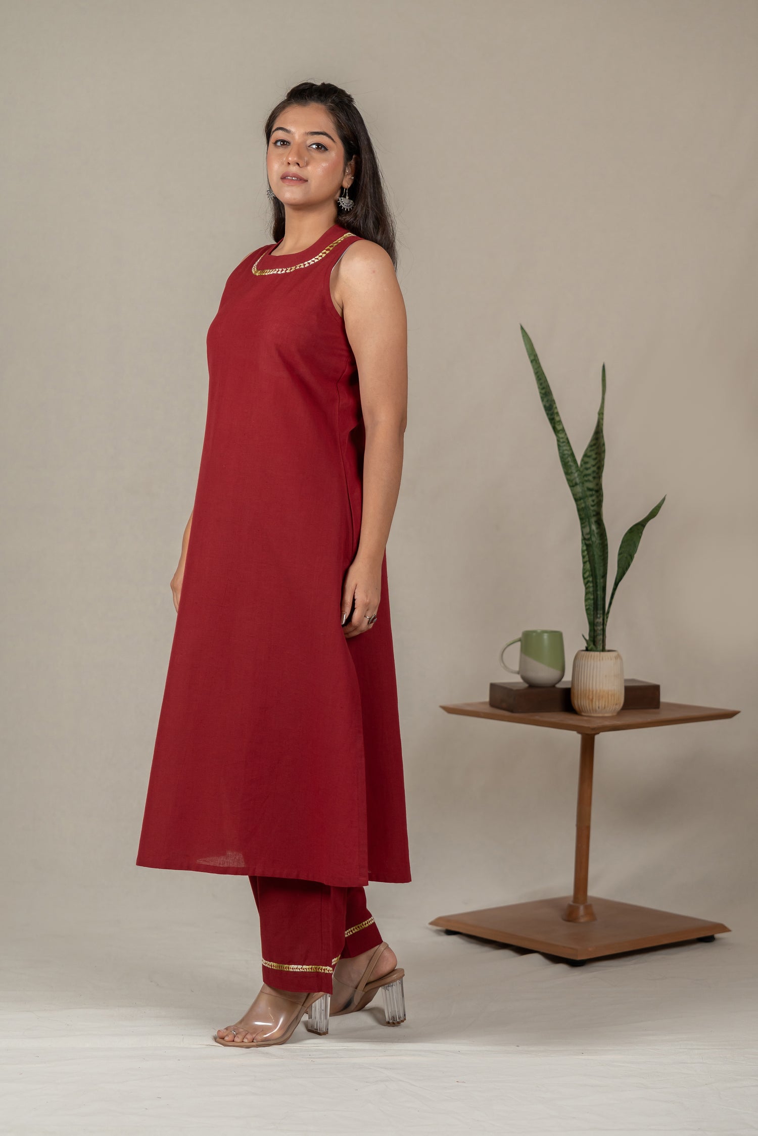 Maroon Sleeveless Hand Embroidered Cotton Kurta Set with Pants – Suchi