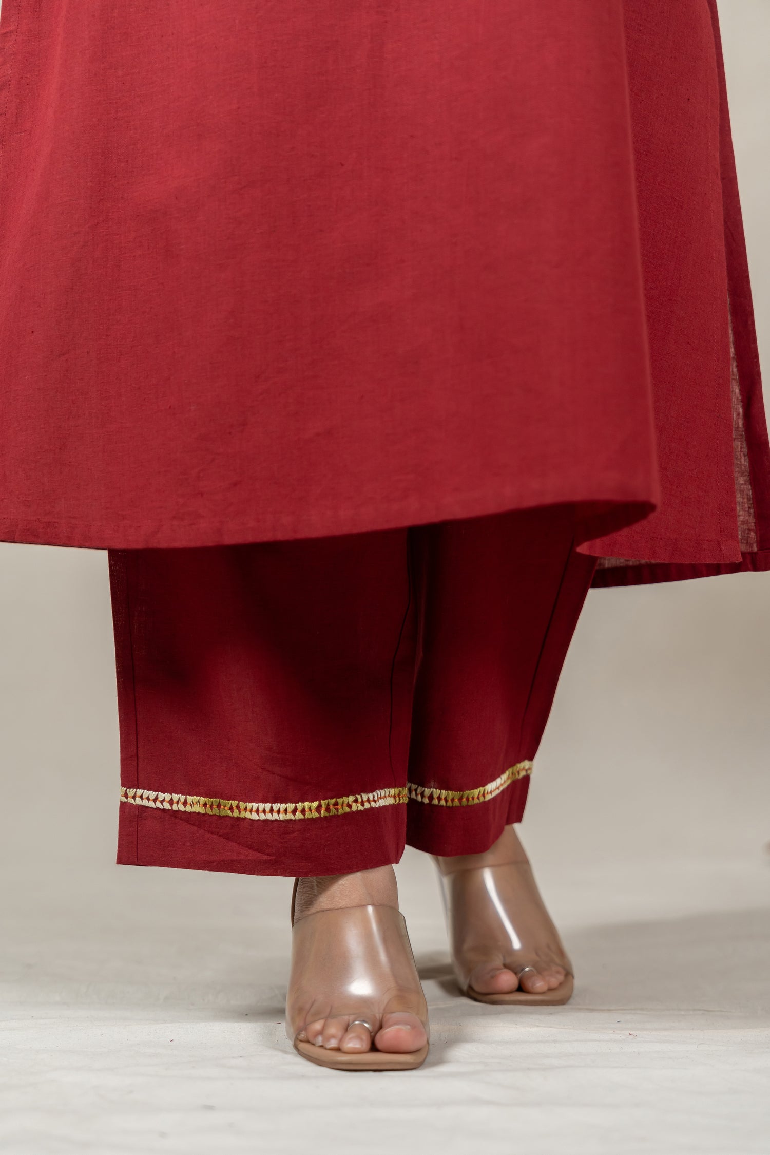 Maroon Sleeveless Hand Embroidered Cotton Kurta Set with Pants – Suchi