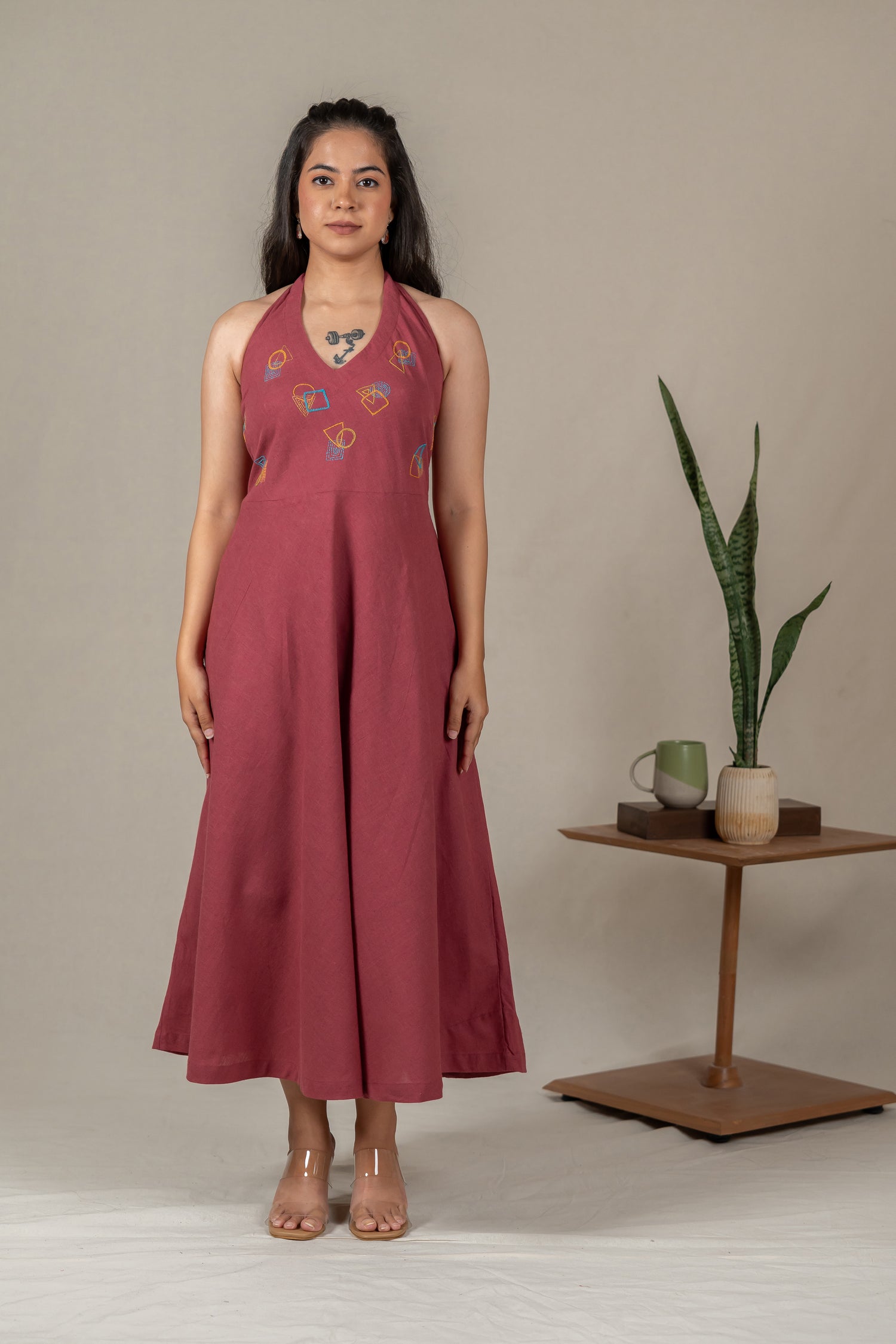 Muted Pink Handloom Halter-Neck Dress with Hand Embroidery – Suchi